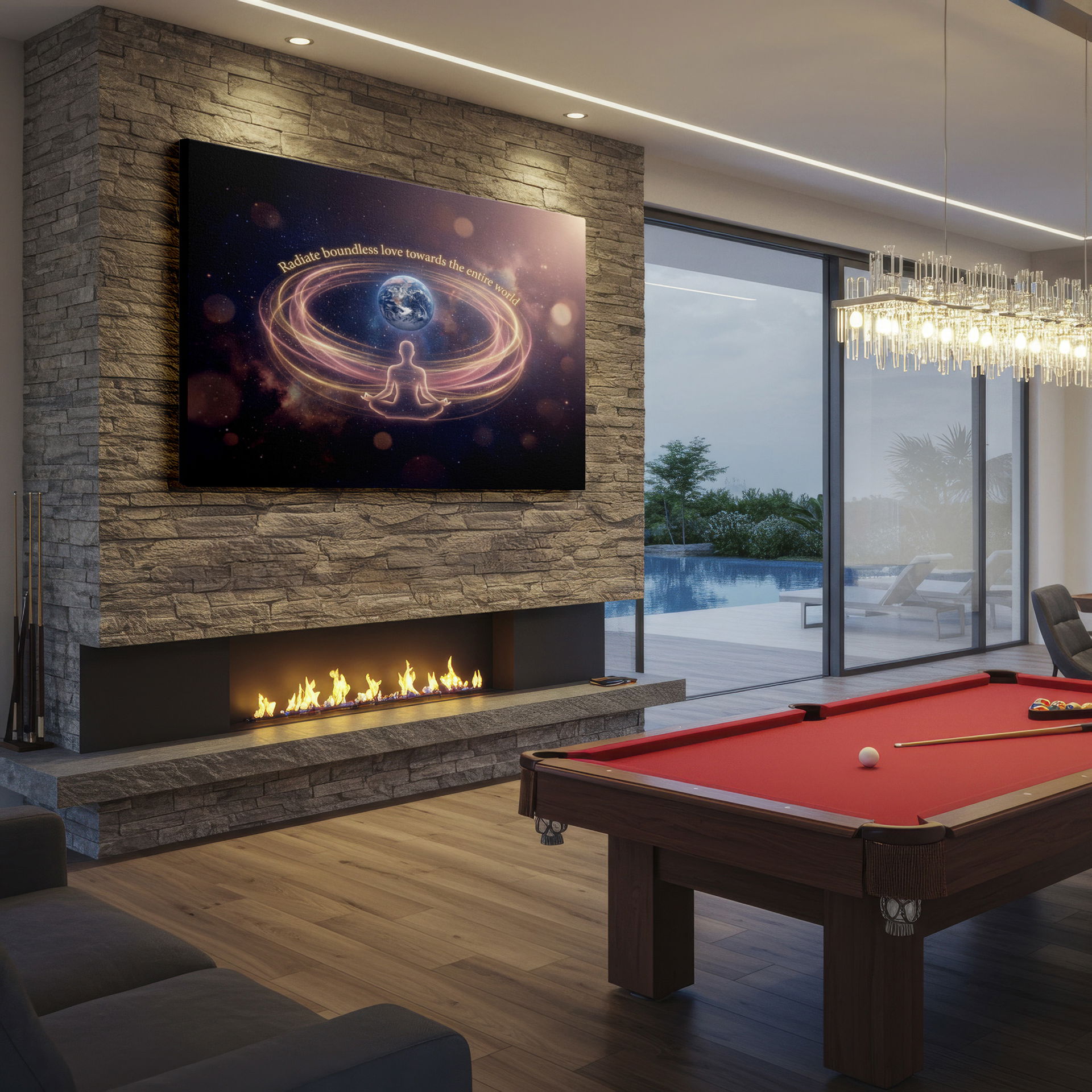 Ethereal wall decor: A meditating figure channels energy towards Earth against a cosmic backdrop.