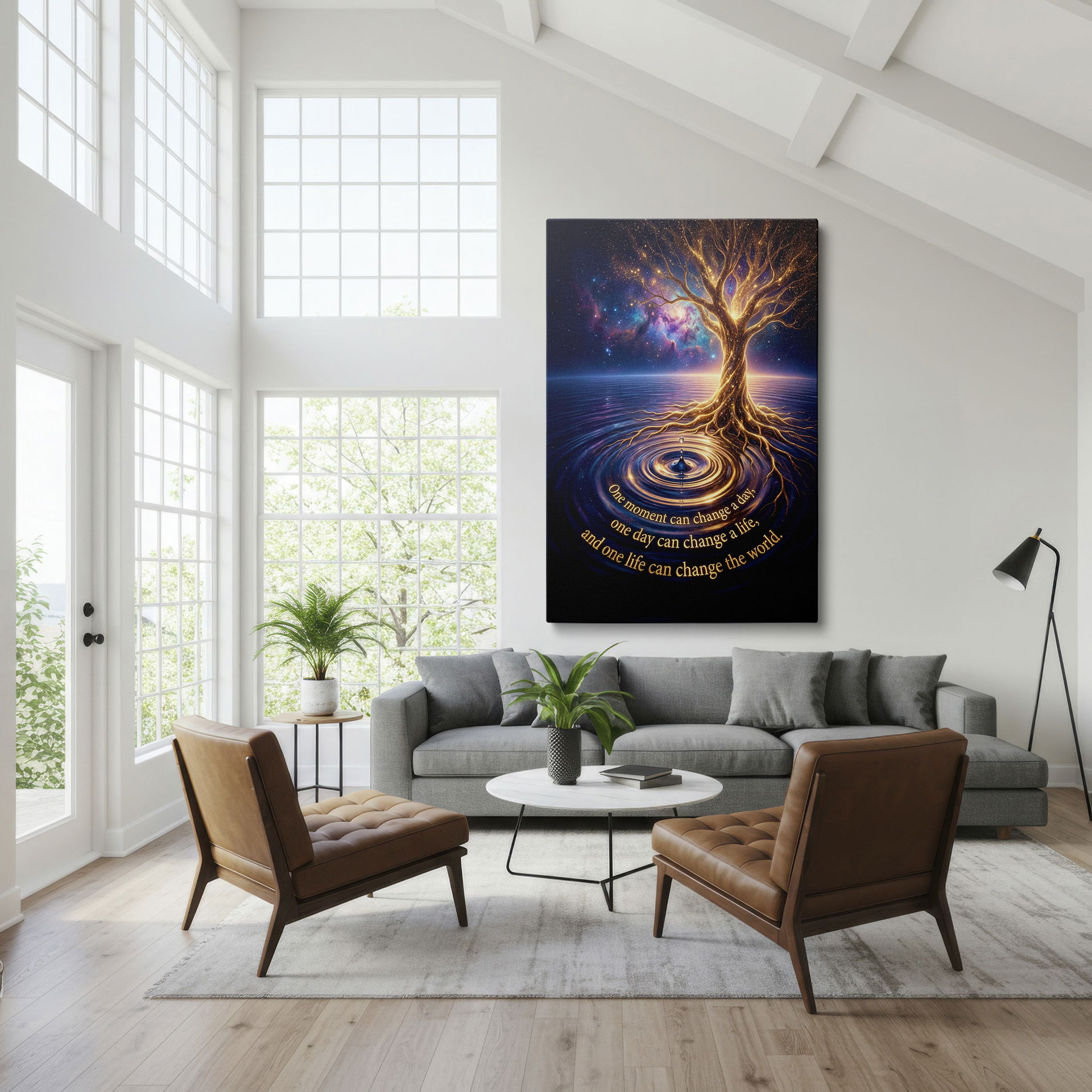 Radiant tree of life over water reflecting a nebula. A stunning piece of Wrapped Canvas.