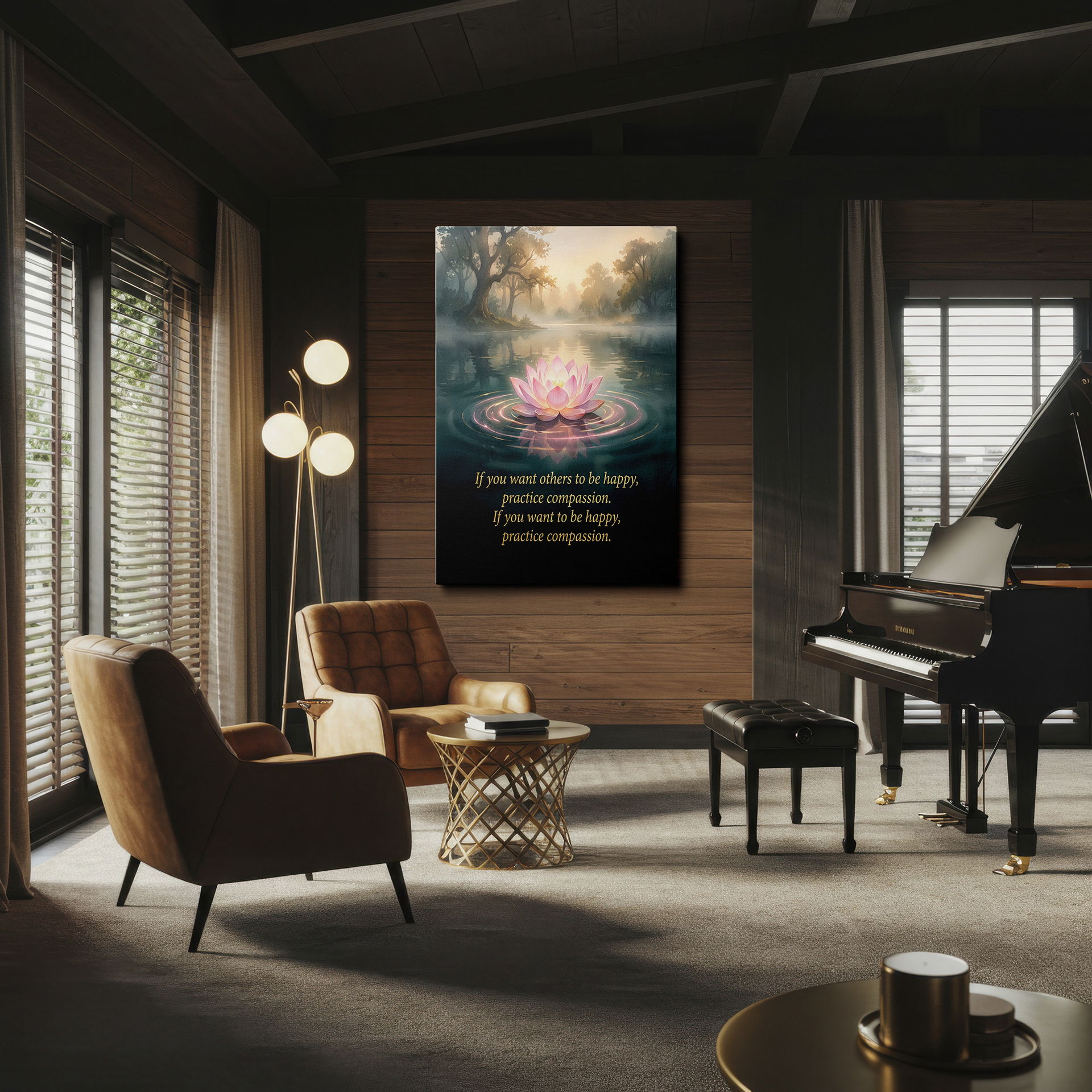 Calming wall decor displaying a lotus in a tranquil lake setting with gentle ripples.