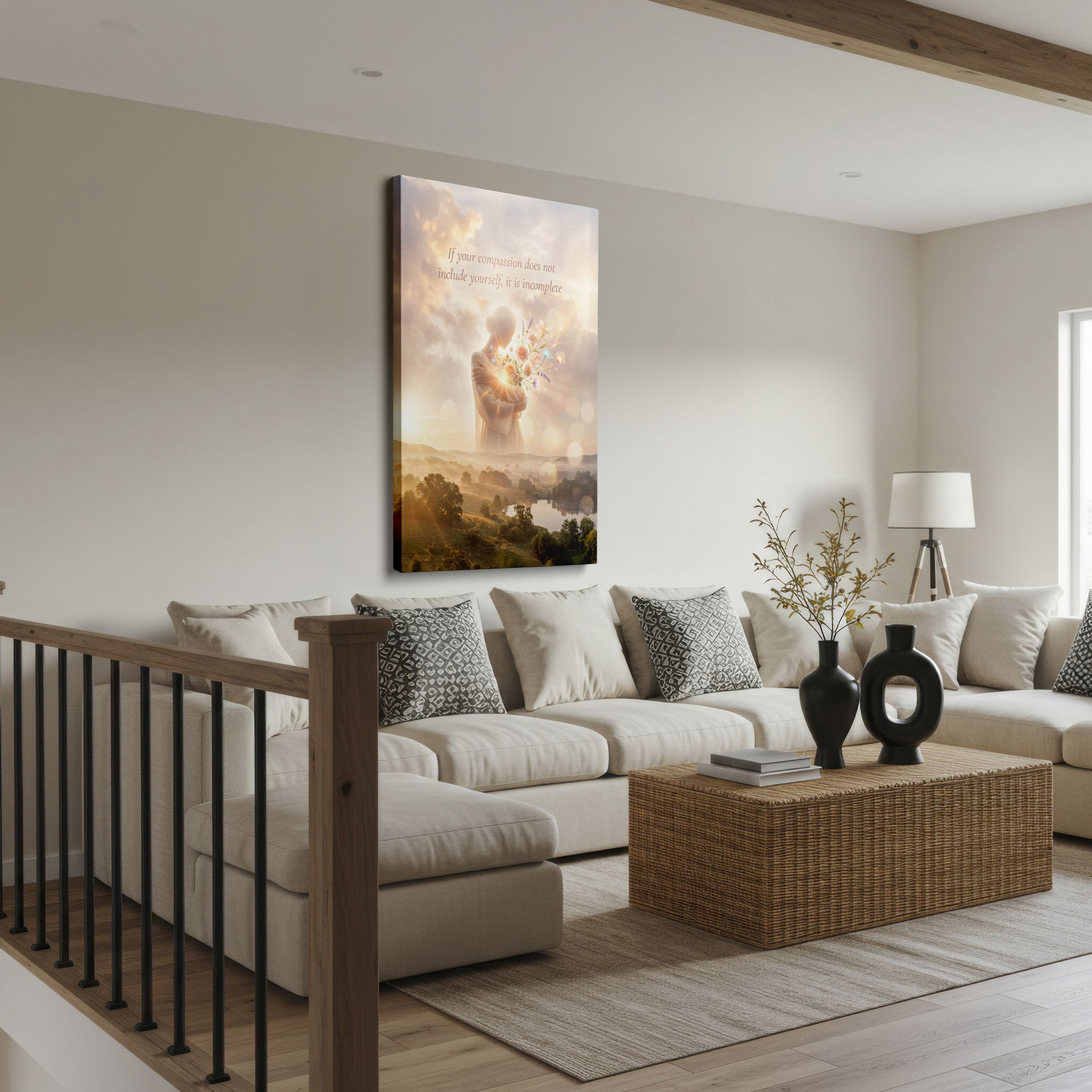 Ethereal wall decor featuring a woman holding flowers in a glowing landscape. A compassion message enhances the peaceful ambiance.