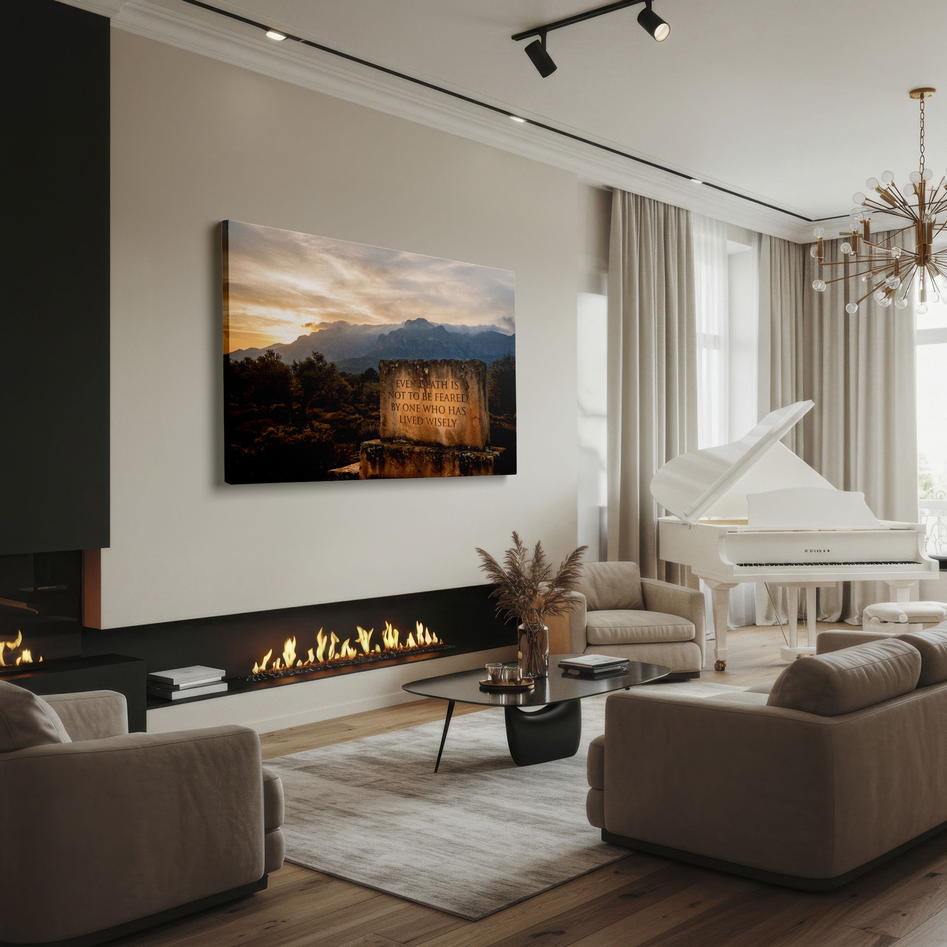 Canvas wall decor displaying an inspirational quote on a mossy stone with a backdrop of mountains at dusk.