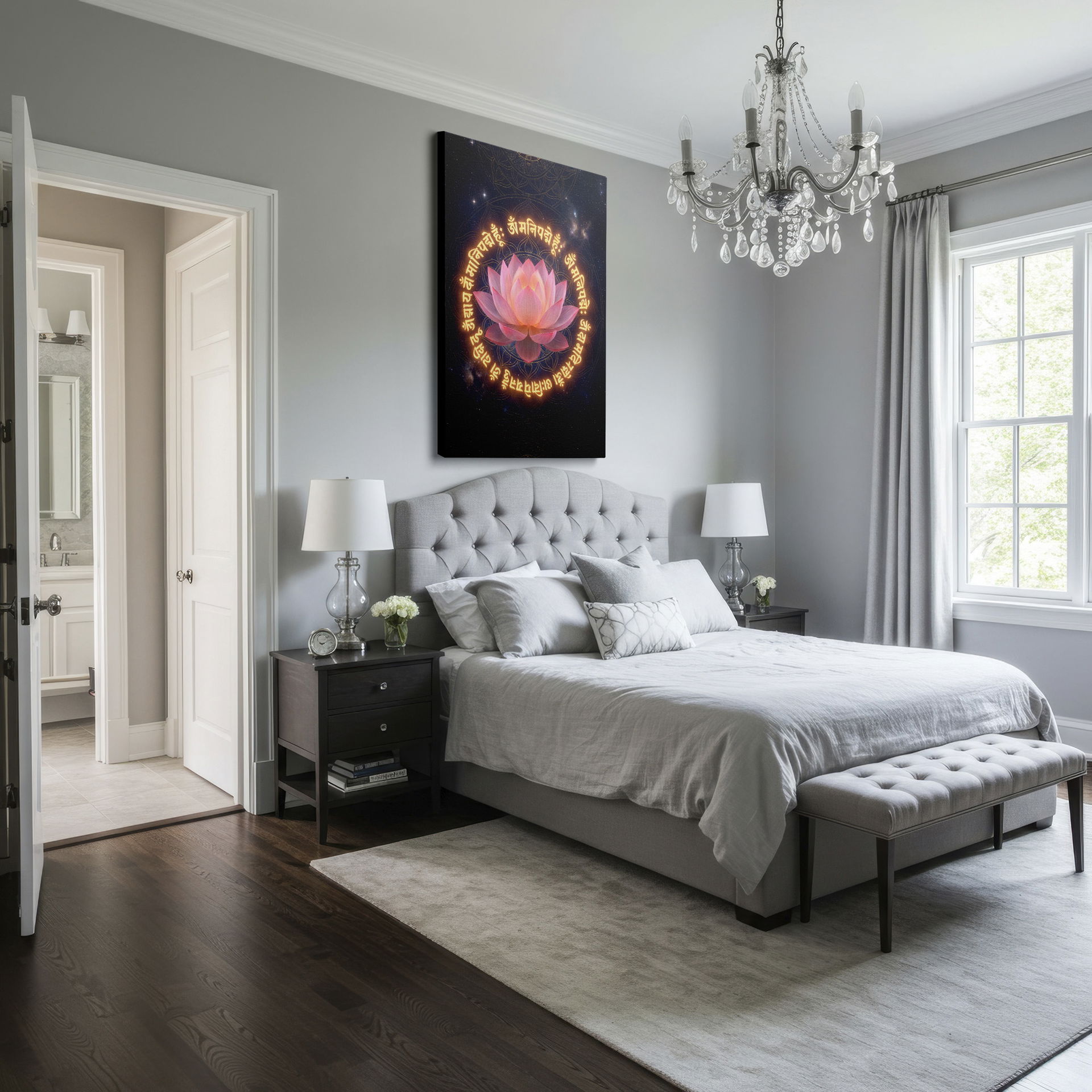 Delicate lotus with ancient script; beautiful wall decor.