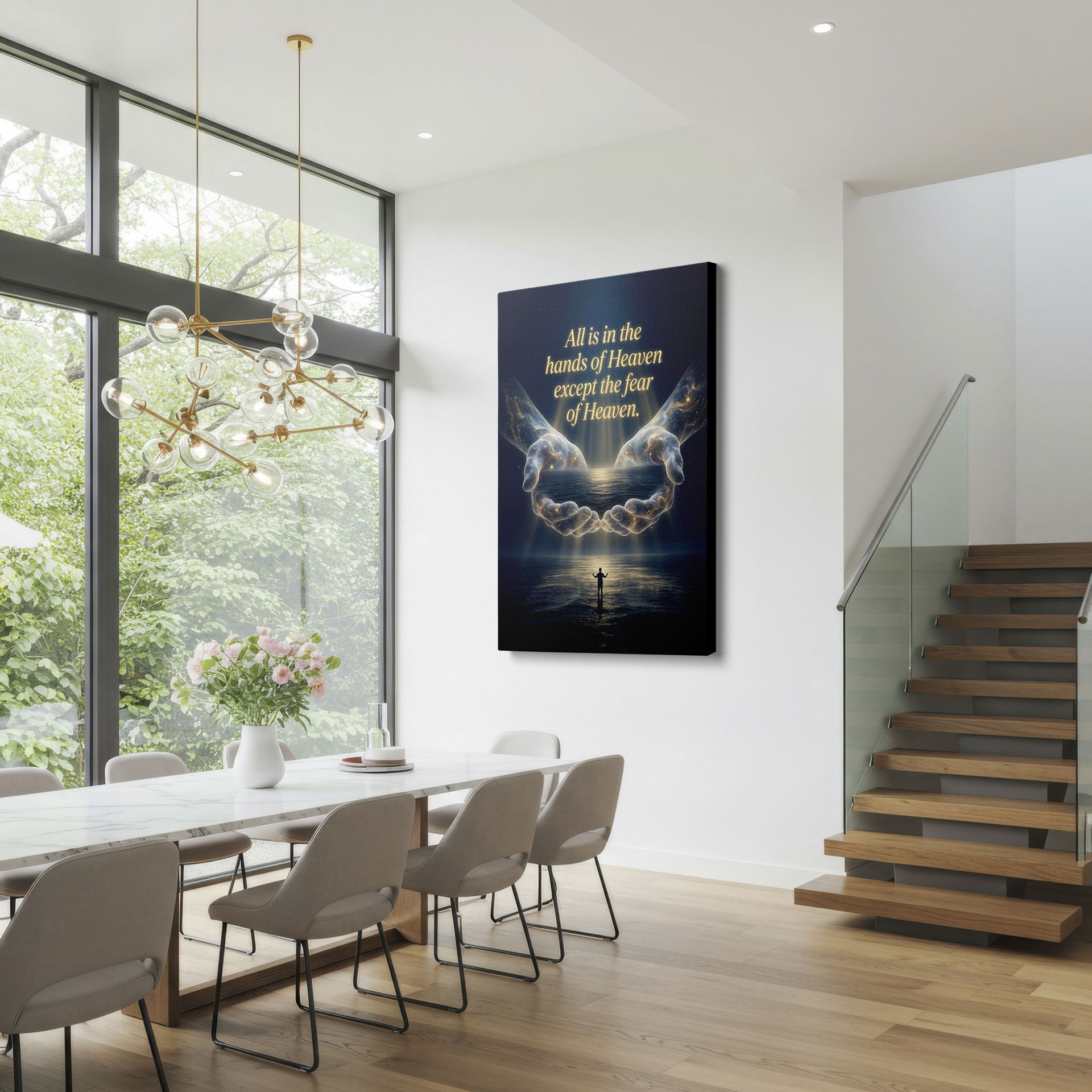 Ethereal wall decor featuring luminous hands cradling the ocean, a symbol of divine protection and serenity.