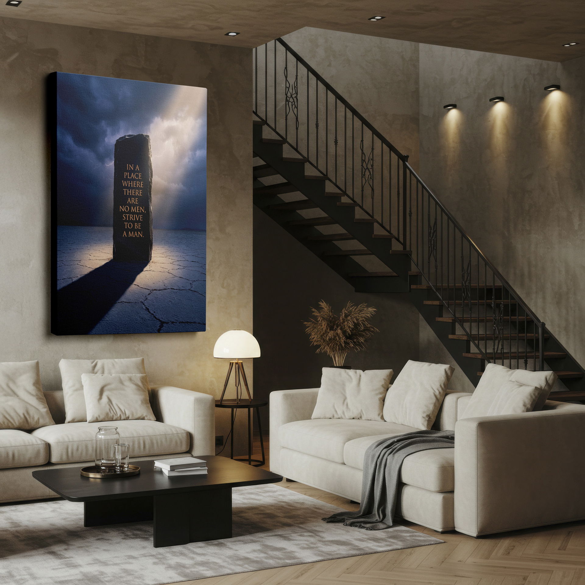 'Strive to be a man' quote on stone against a stormy sky, creating inspiring wall decor.