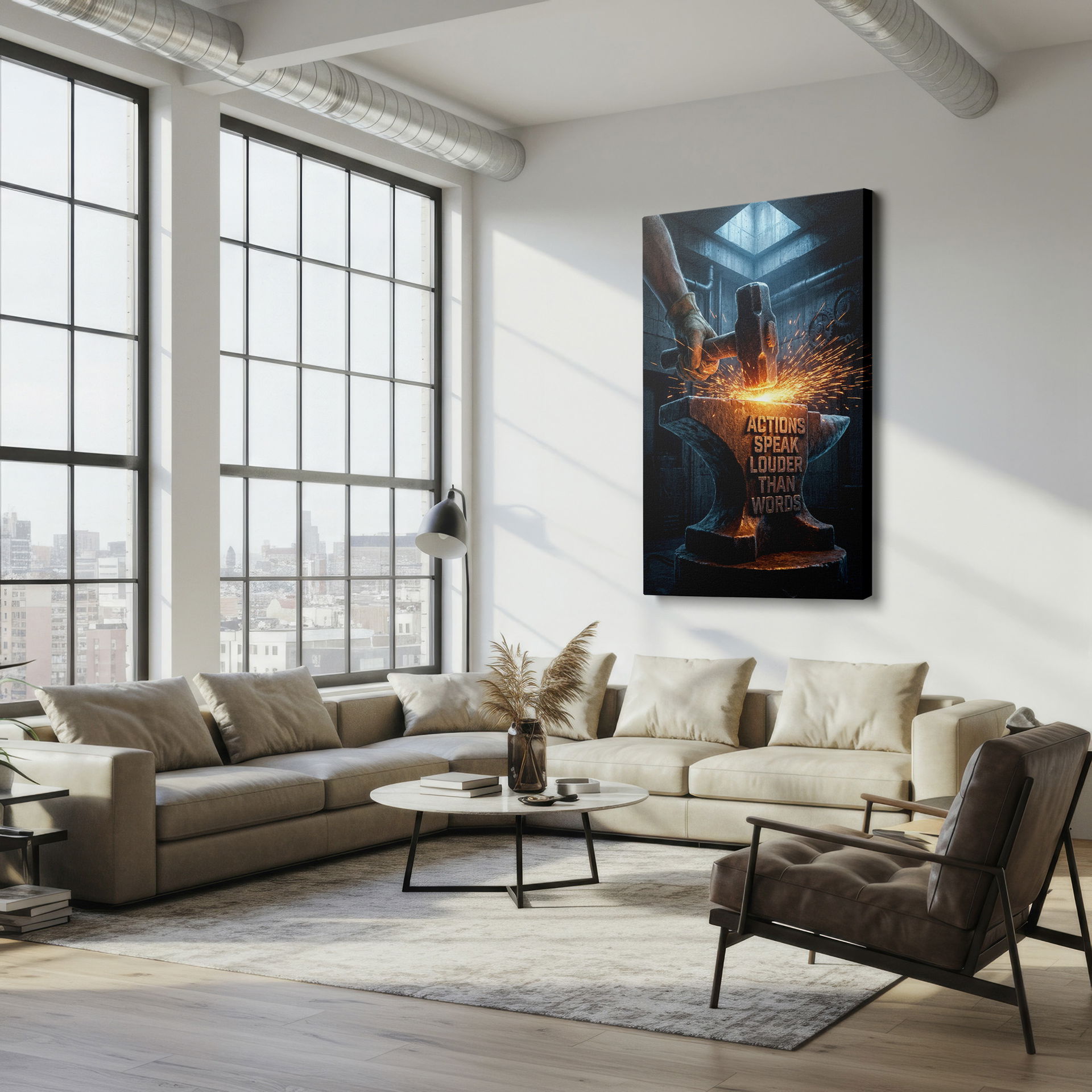 Metalworker hammers an anvil etched with 'Actions Speak Louder Than Words' in this industrial wall decor art.