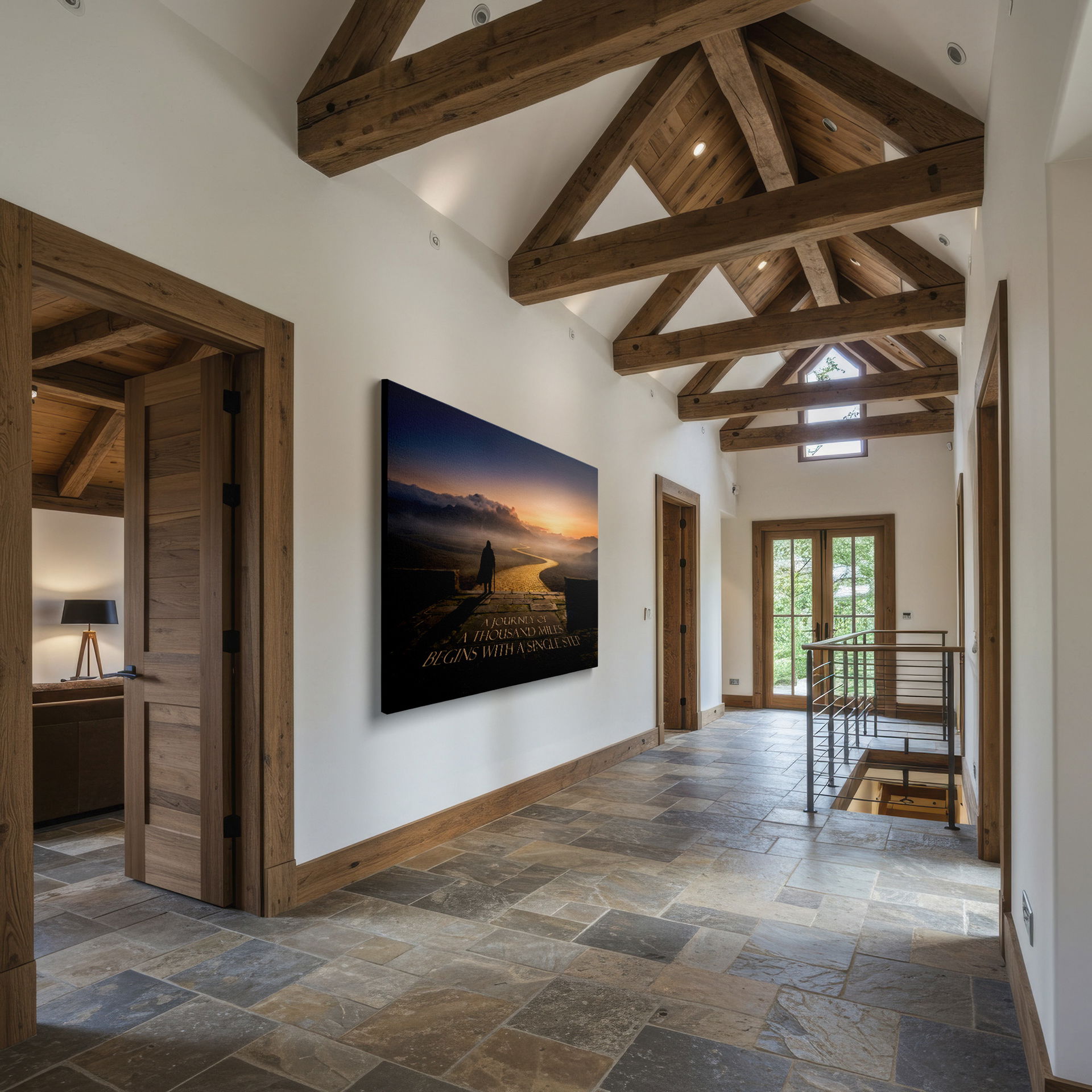 Inspirational figure wall decor, gazing at a mountain path, motivational quote displayed on stone pathway.