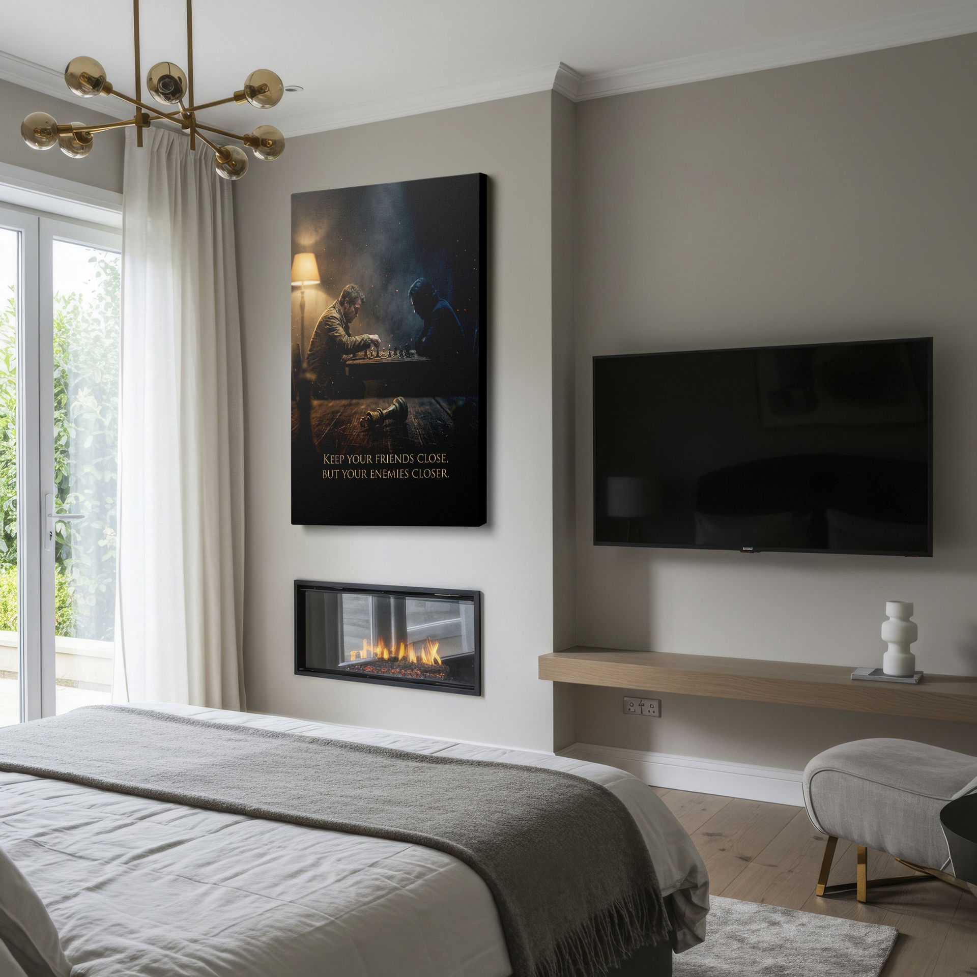 Intense chess match depicted in this intriguing wall decor featuring a fallen king and strategic quote.