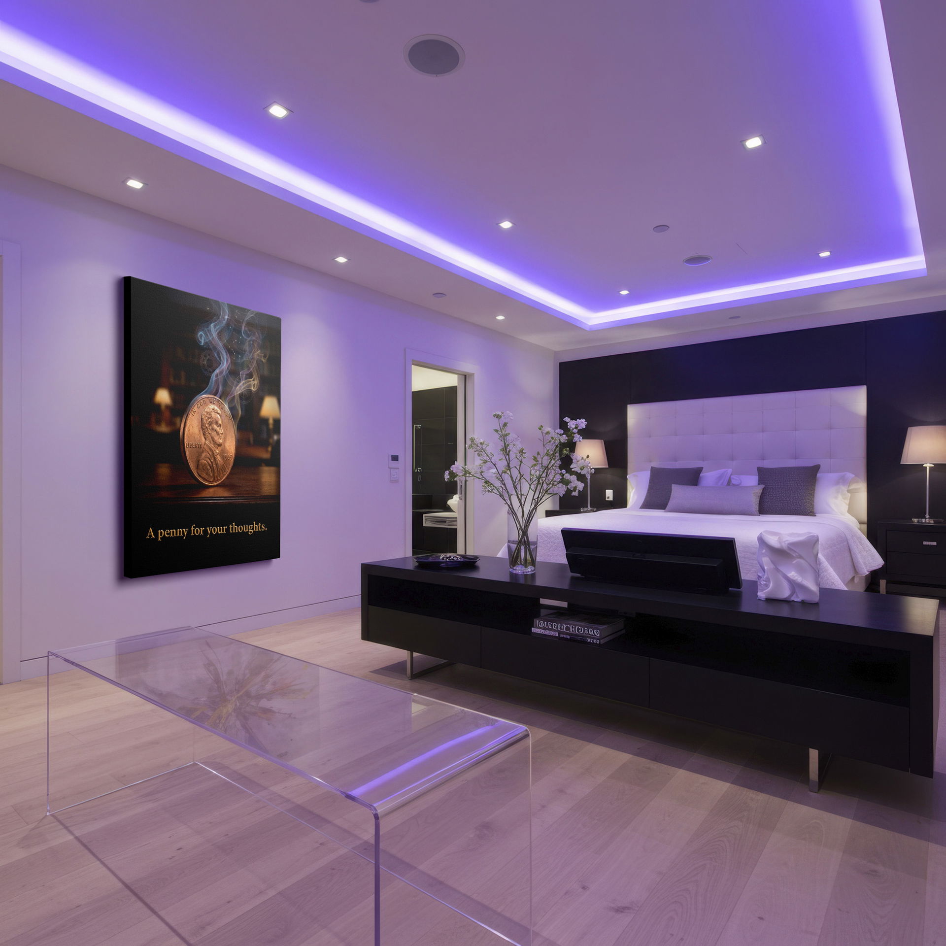 High-quality wall decor showcasing a levitating penny with ethereal smoke and celestial designs on a Wrapped Canvas.