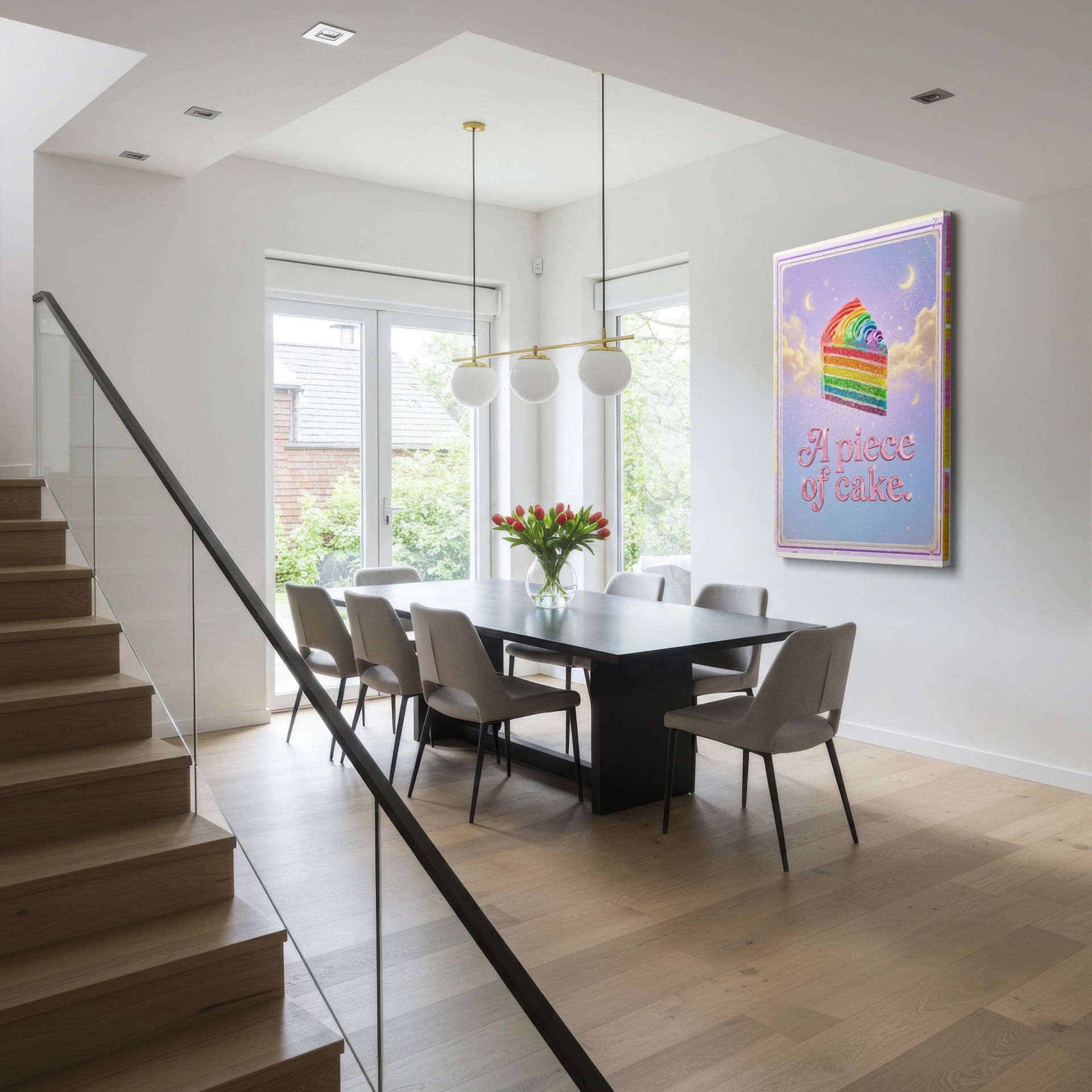 Rainbow cake design suitable for wall decor; displays a layered slice against a soft celestial backdrop.