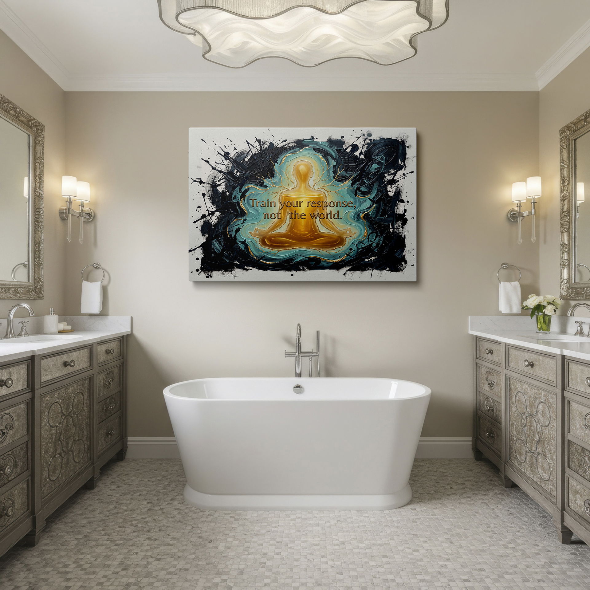 Abstract wall art features a meditating figure with 'Train Your Response' quote, on Wrapped Canvas.