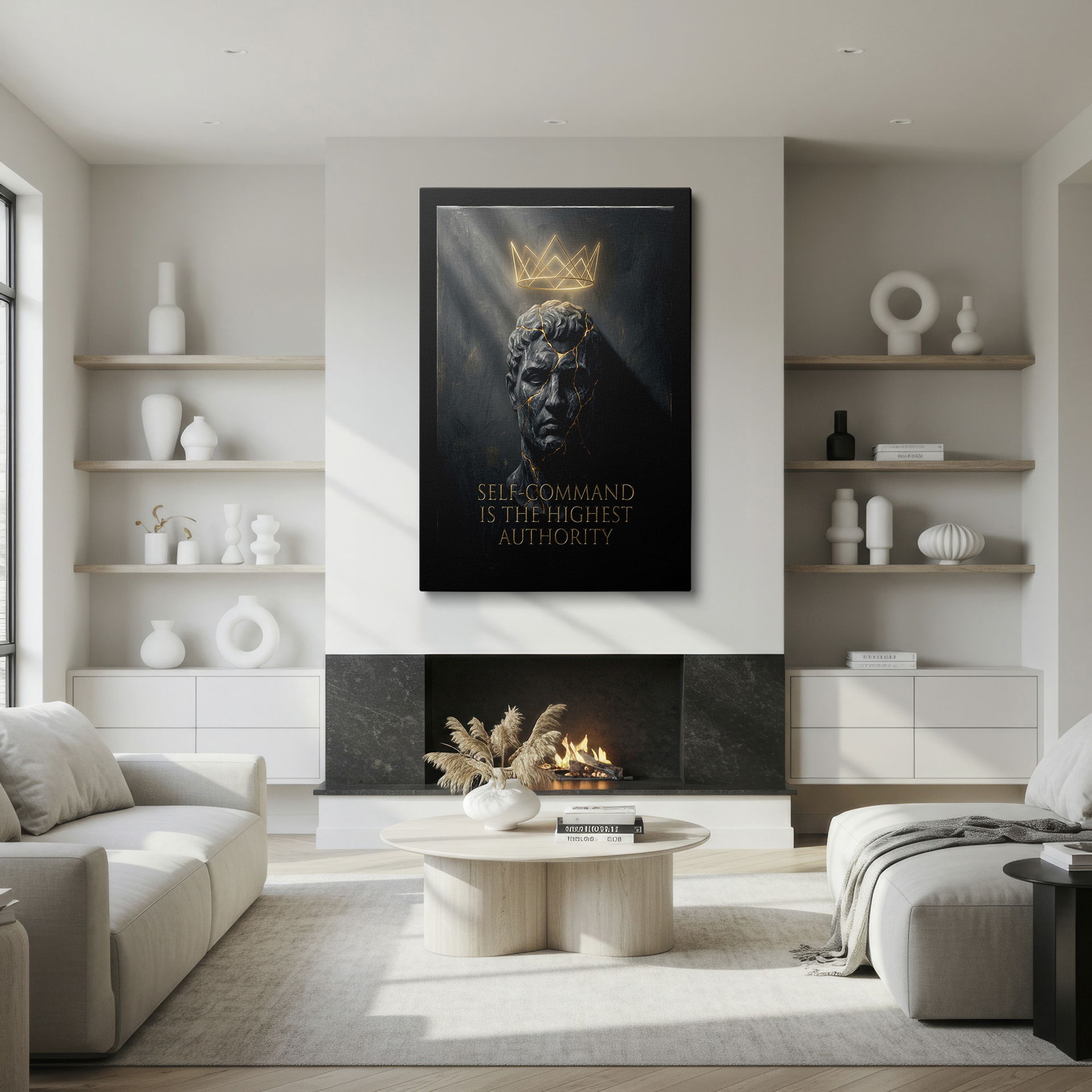 Elegant wall decor featuring a marble sculpture and crown design on canvas.