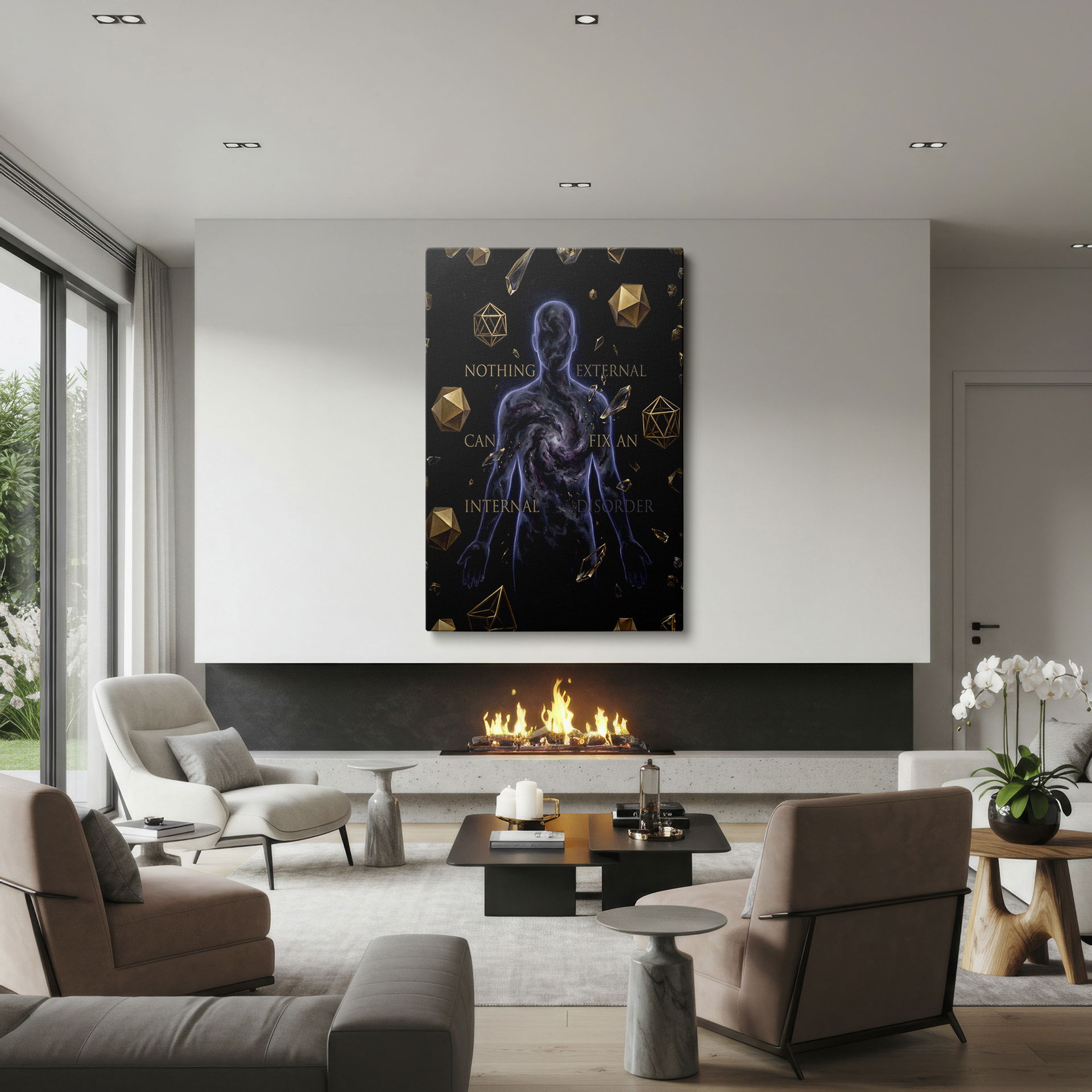 Intricate abstract wall decor featuring a nebula-filled figure and gold geometric shapes. Uplift your room.