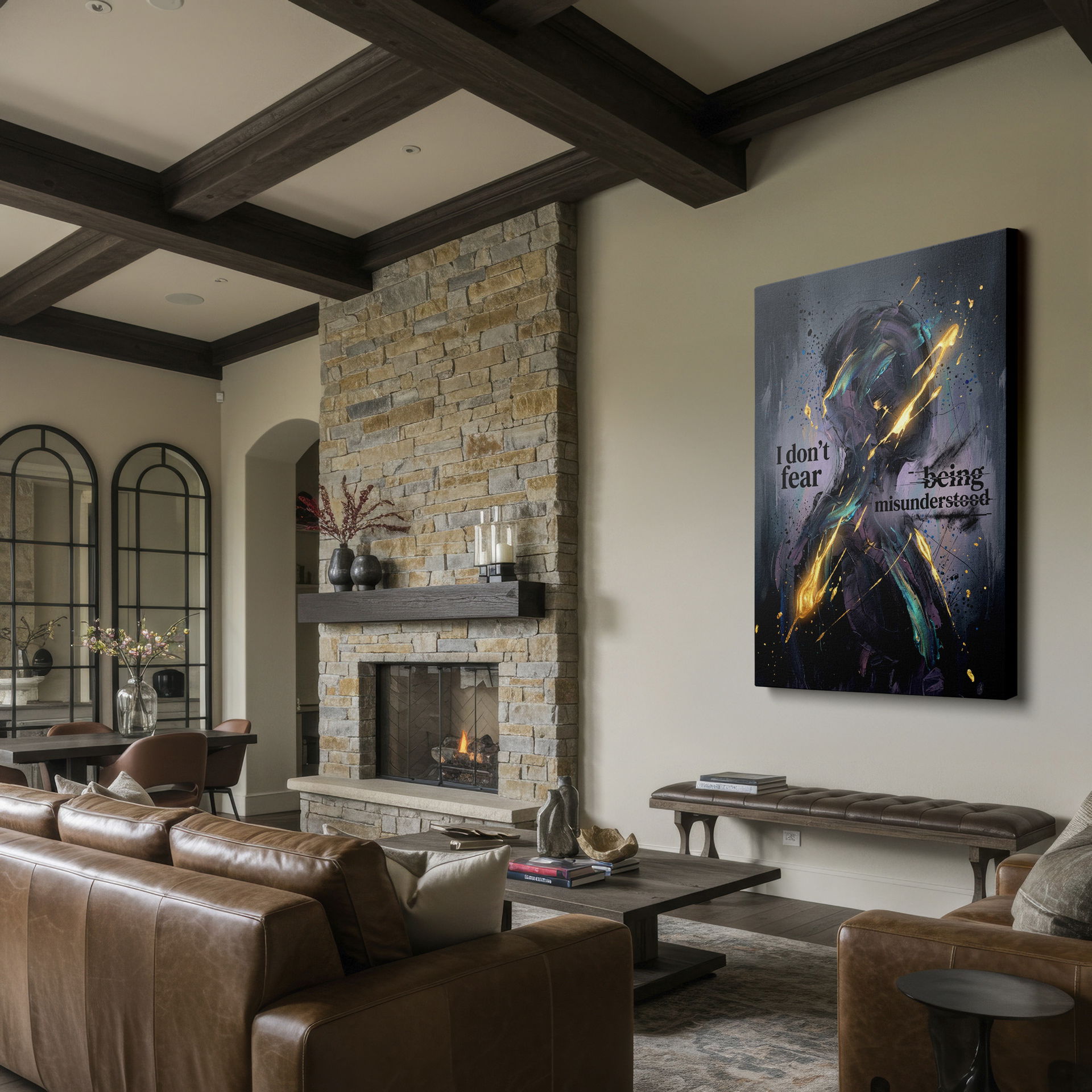 Modern wall decor with an inspirational quote and dark color palette.