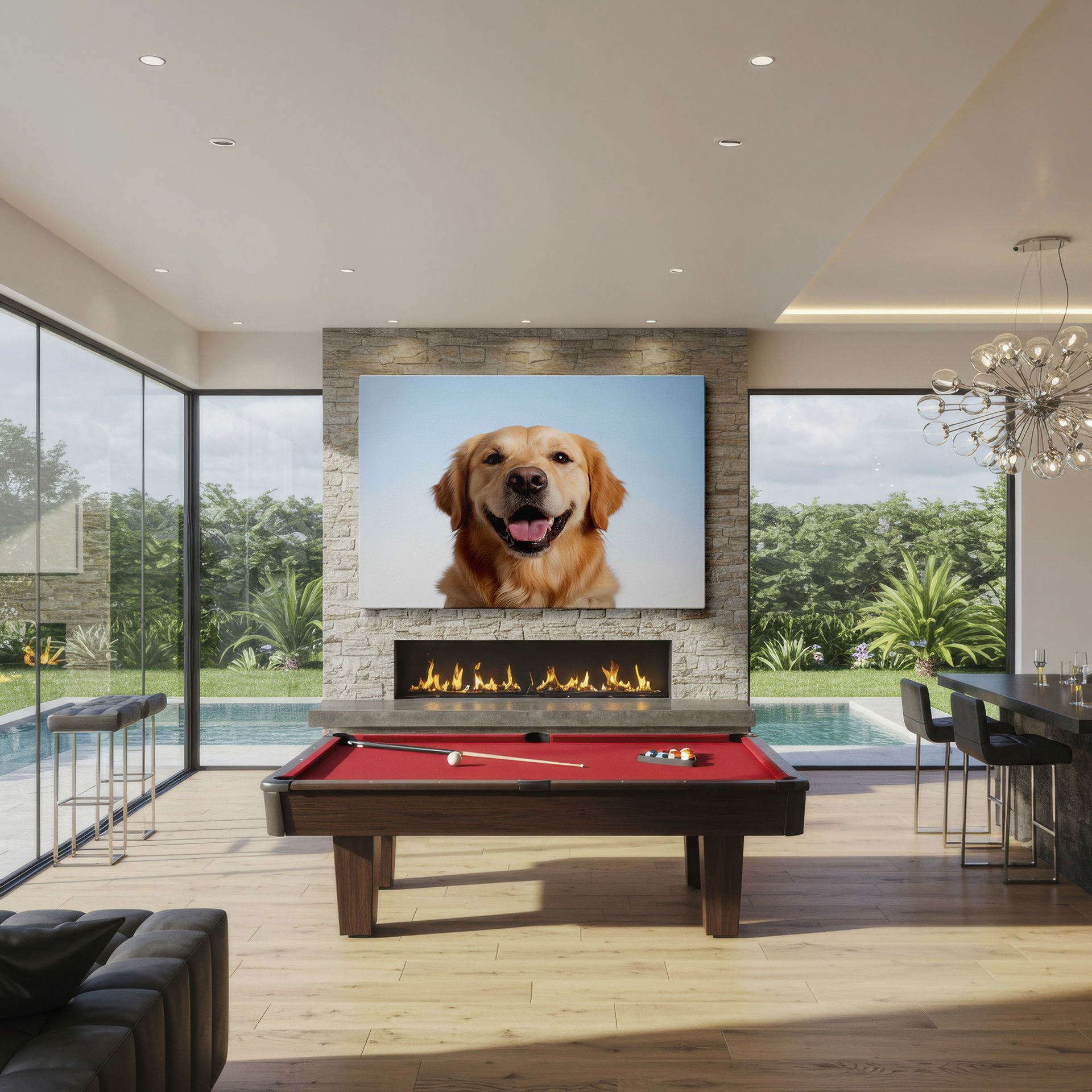 Close-up wrapped canvas of a smiling Golden Retriever showcases its open mouth & friendly, eager expression. Cheerful wall decor.
