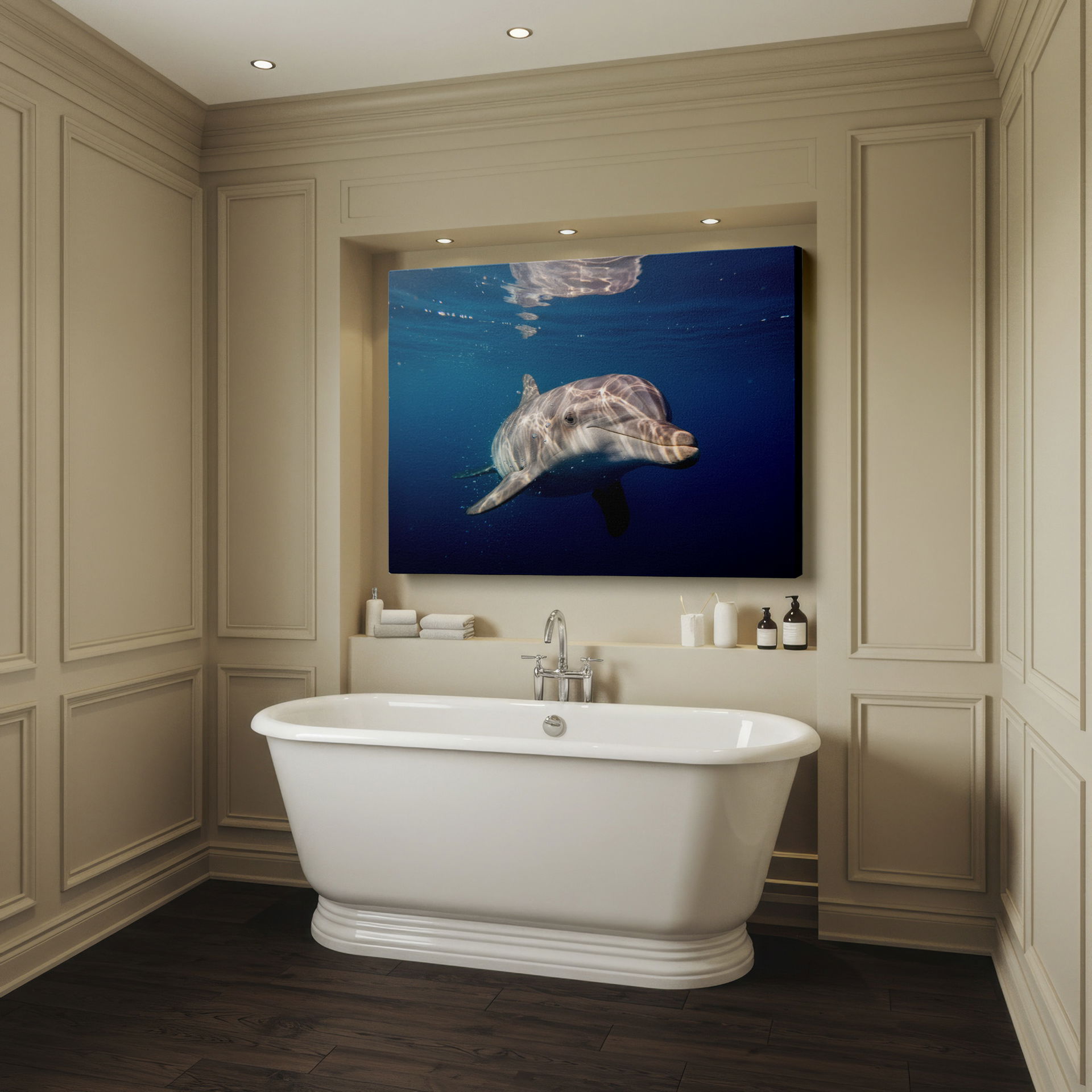 Elegant wall decor showing a dolphin gracefully swimming in the ocean with sunlight refracting on its skin.