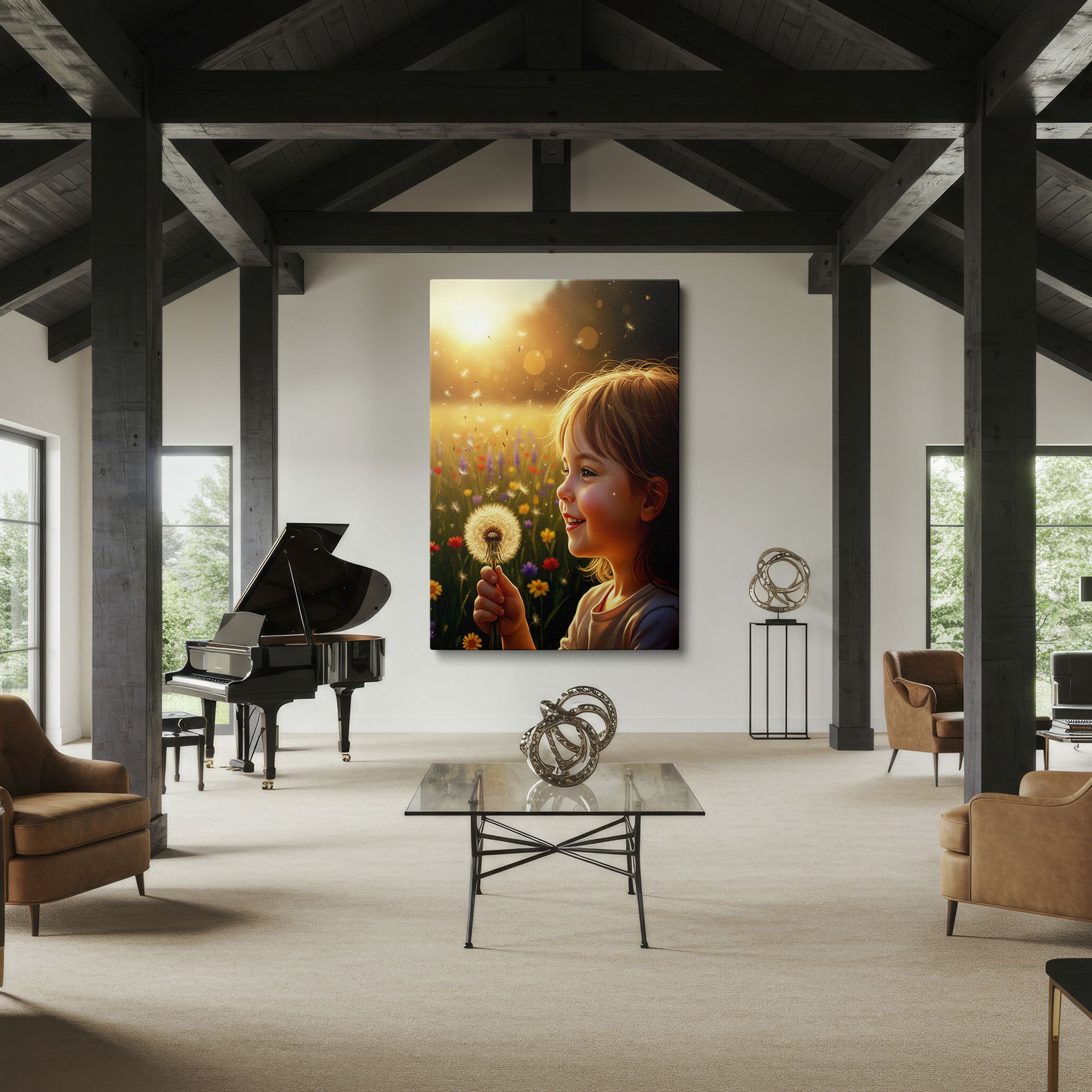 A young girl with a dandelion against a sunlit meadow. Brighten your space with this wall decor.