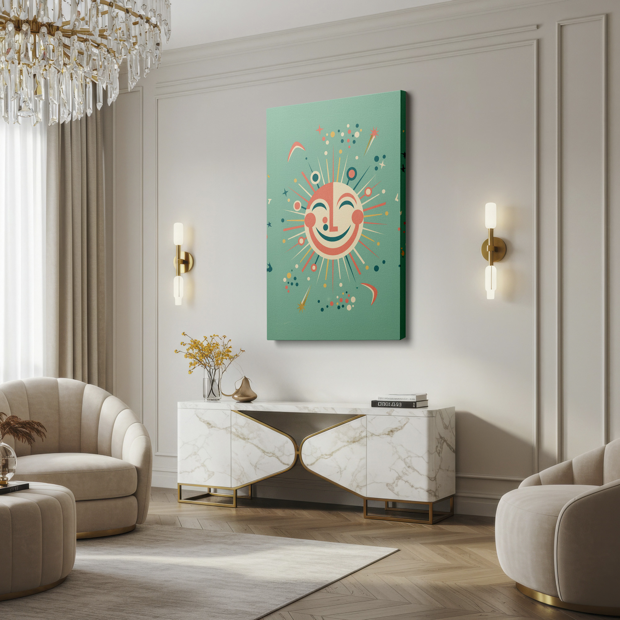 Cheerful abstract sun face wall decor with star accents; teal background.