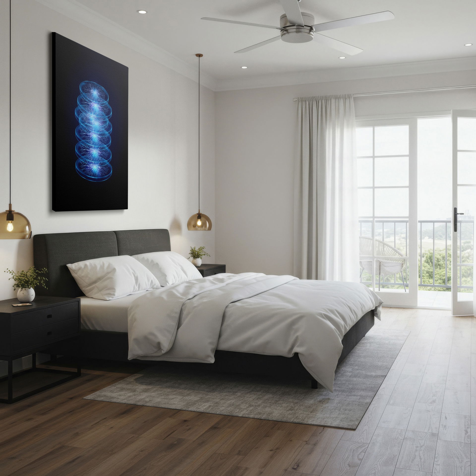 Ethereal blue discs on Wrapped Canvas, emitting electric energy in an abstract design.