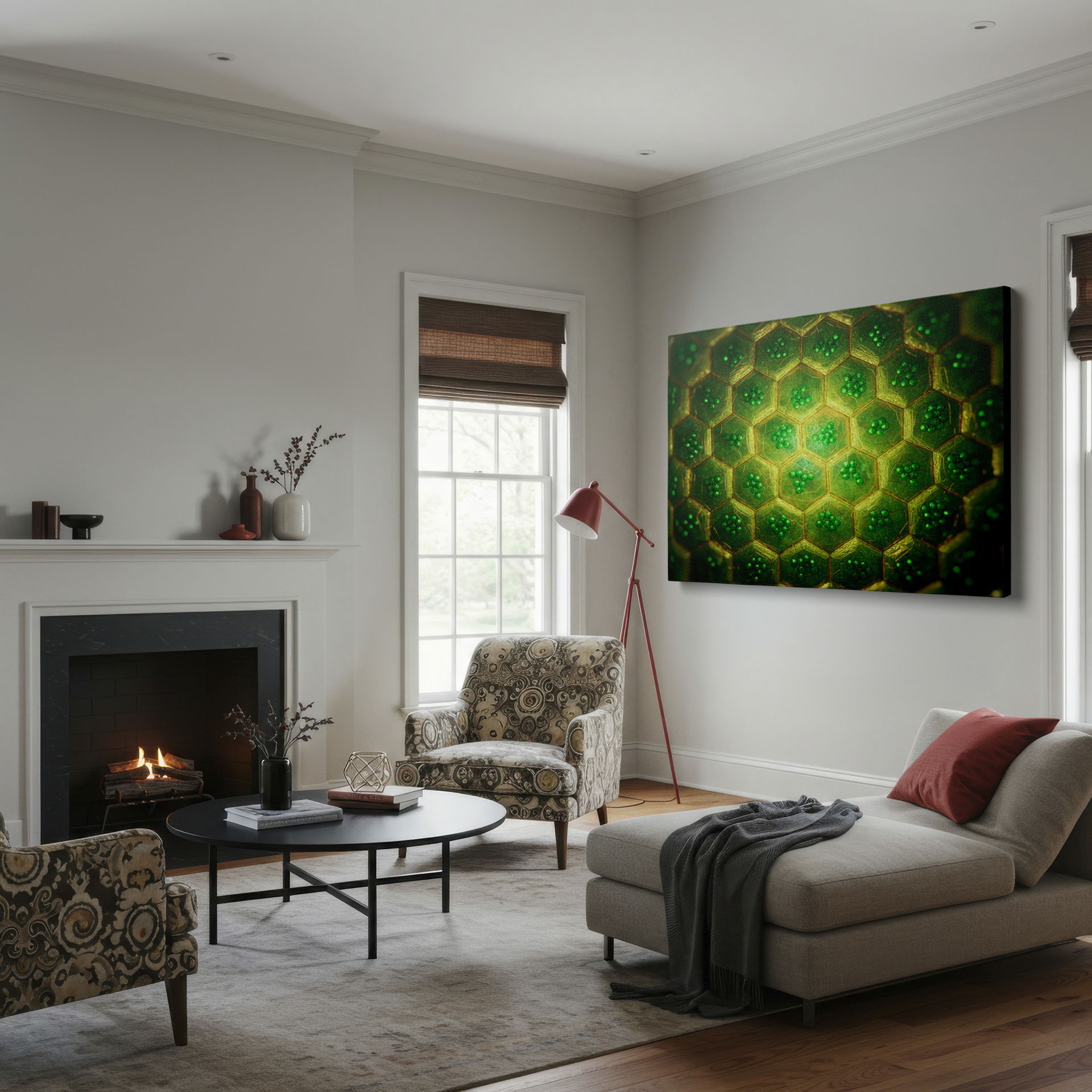 Detailed abstract cell structure pattern in green geometric wall art perfect as Wrapped Canvas.