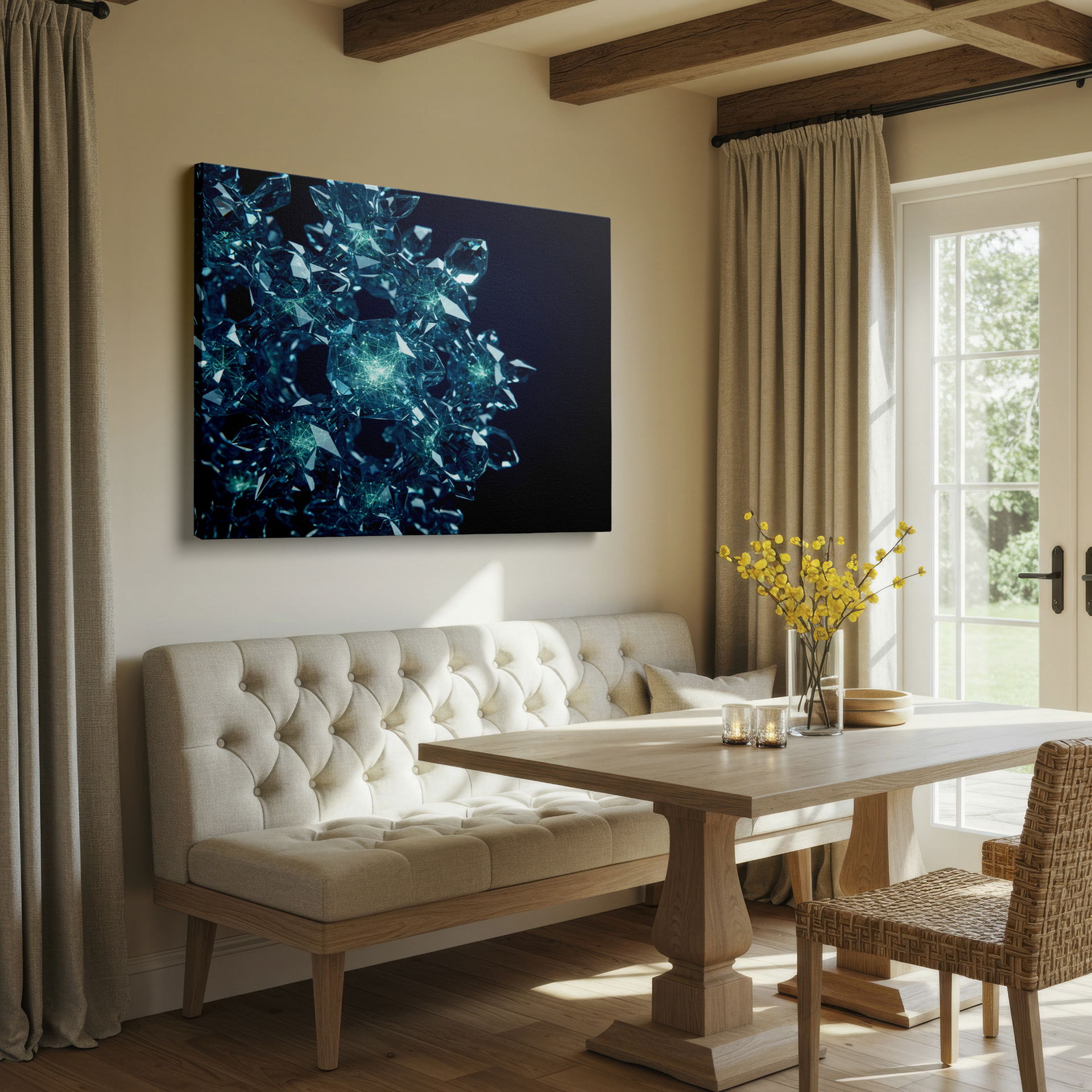 Geometric crystal cluster design on Wrapped Canvas, creating a striking visual for your living room.