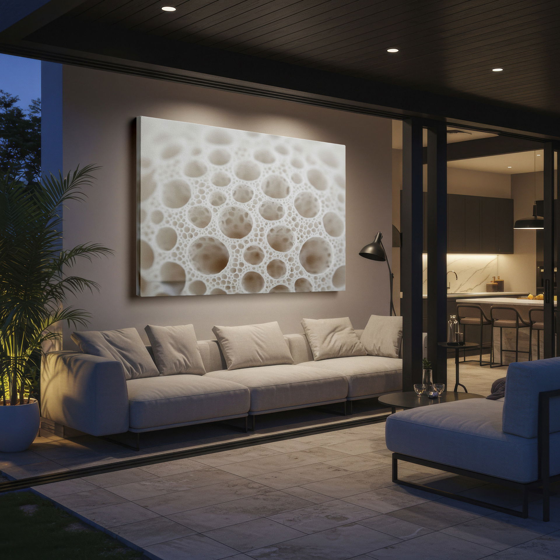 Intricate neutral pattern on wrapped canvas, a modern wall decor accent with organic perforations filling the frame.