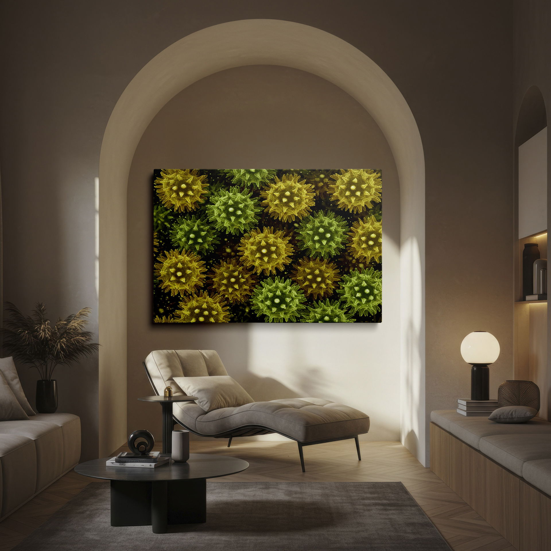 Detailed microscopic image of green and yellow floral pattern; botanical wall decor for modern spaces.