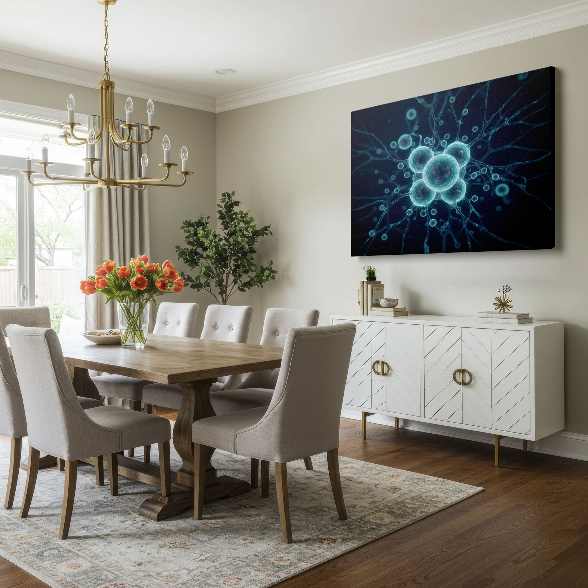 Abstract rendering of cellular connections as a sophisticated piece of wall decor.