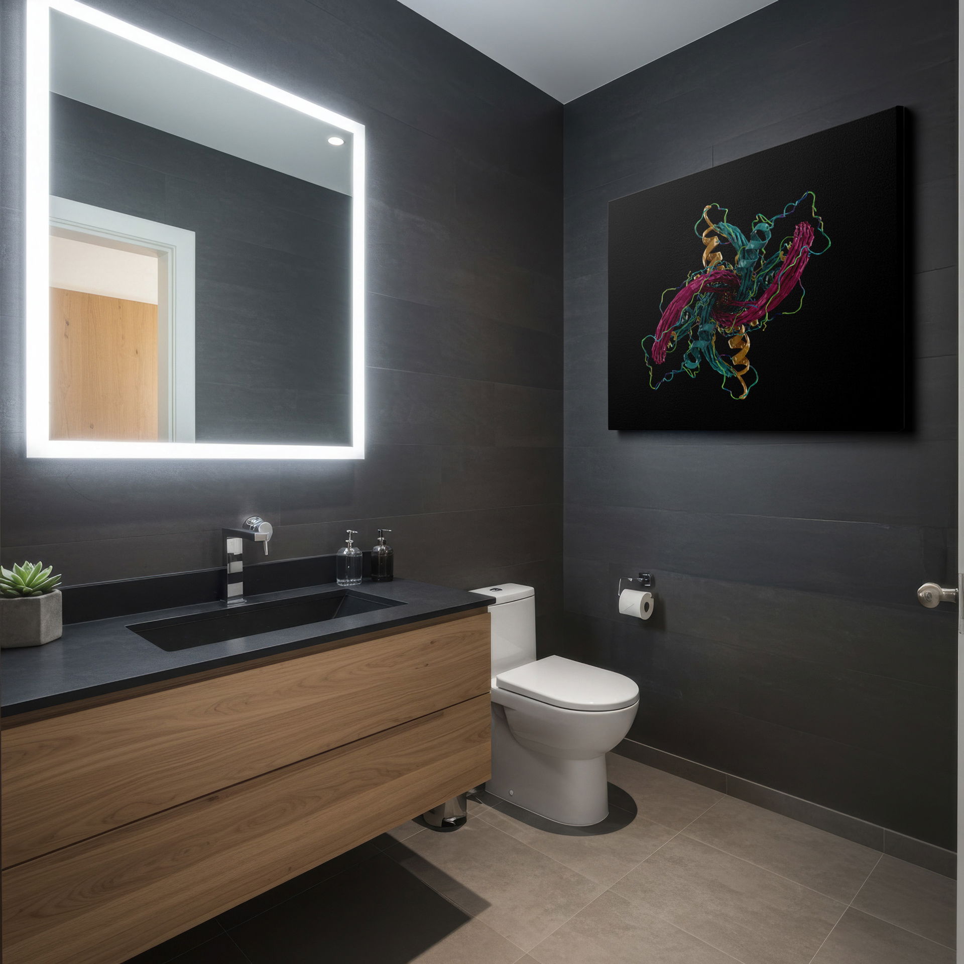 Teal, magenta, and gold abstract design wall decor against black, a sophisticated touch for any room.