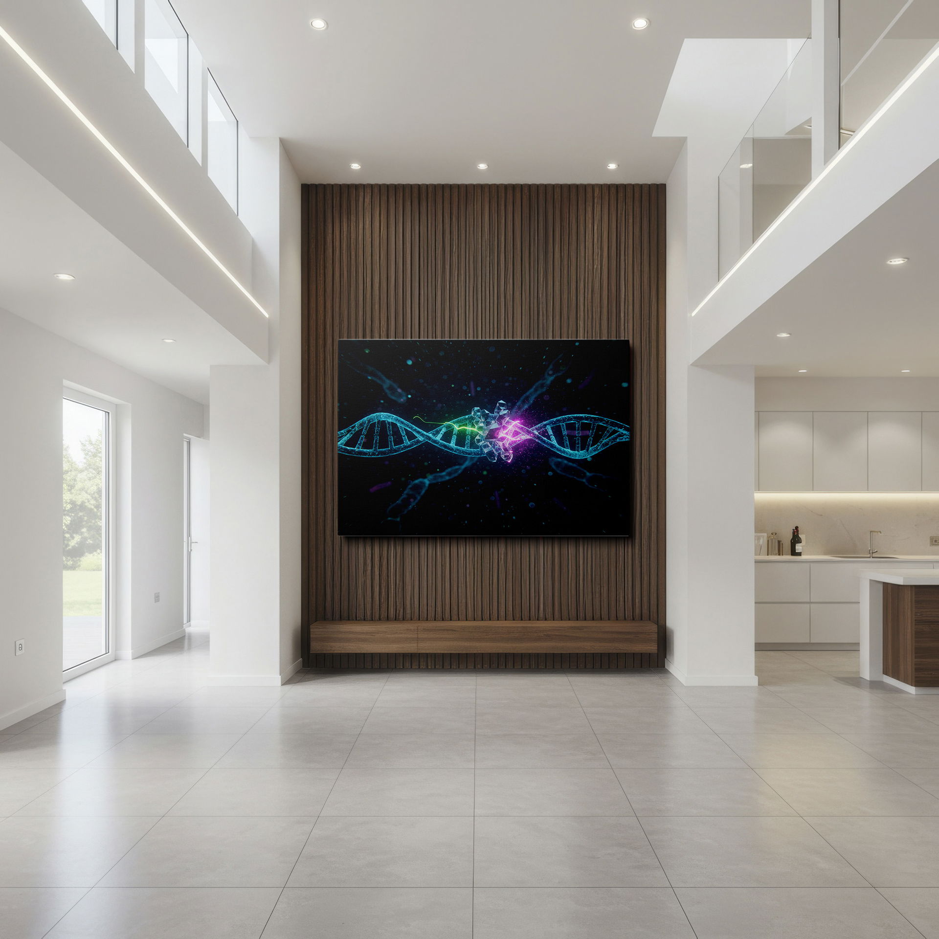 This striking wall decor presents a glowing DNA molecule being disrupted by a crystalline structure in vibrant pinks and greens.