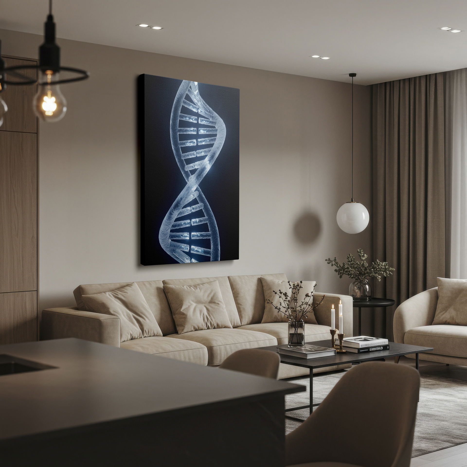Detailed view of a DNA double helix form, presented as an eye-catching piece of Wrapped Canvas for the home.