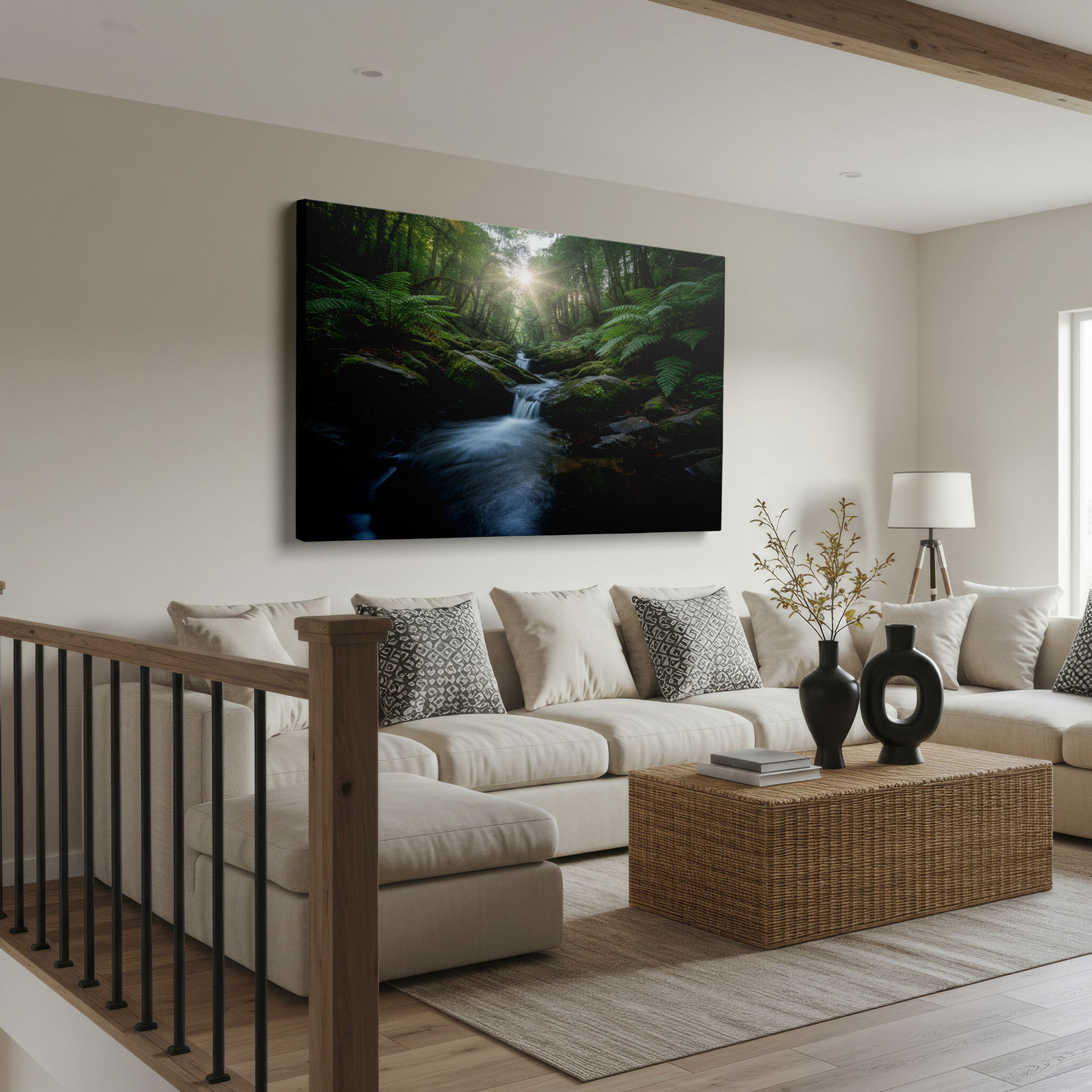 Tranquil forest stream scene with ferns and mossy rocks presented as a Wrapped Canvas.