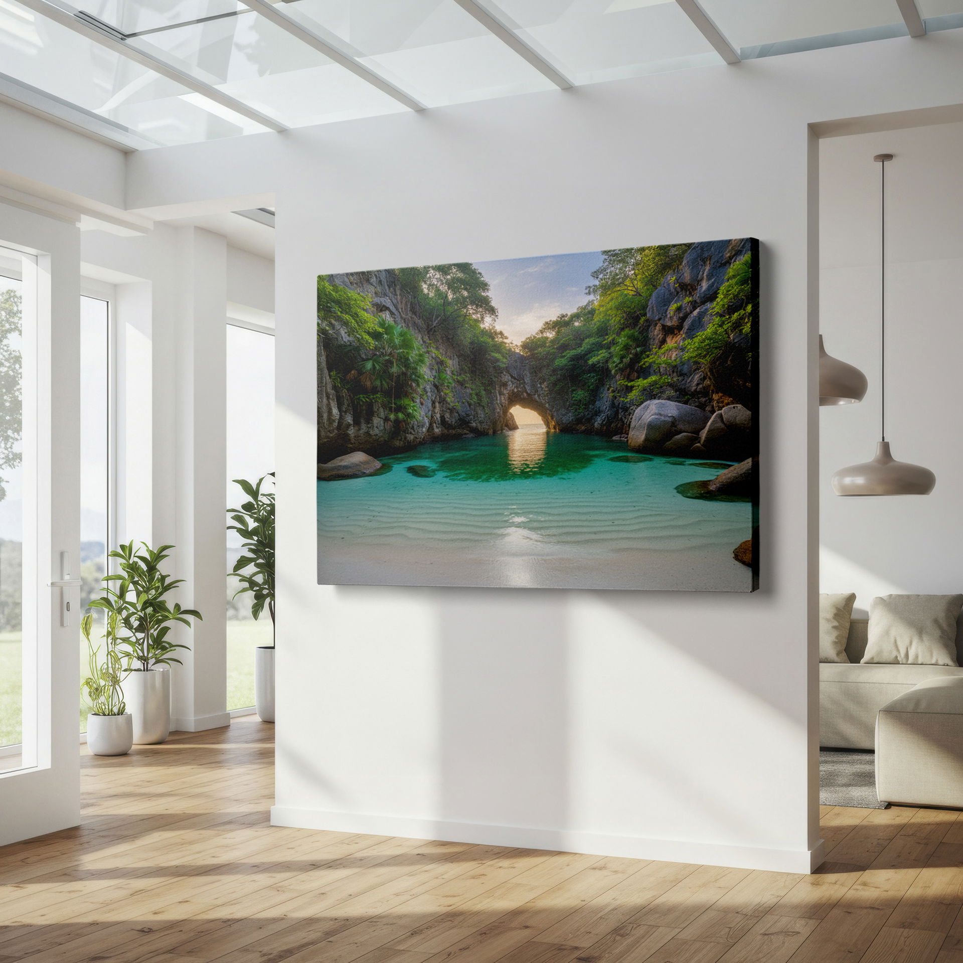 Bring a tranquil ambiance with this serene tropical beach wall decor. Ideal for any room.