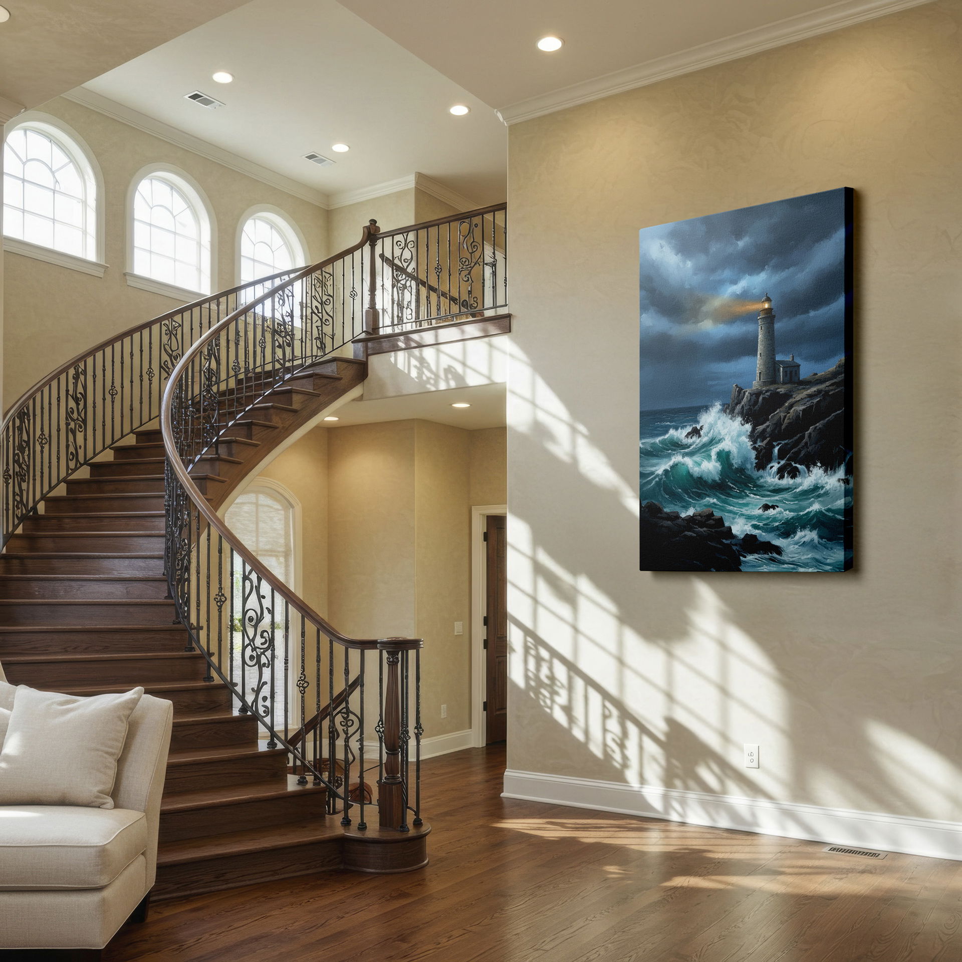 Stone lighthouse wall decor art print against a dramatic stormy seascape with crashing waves.