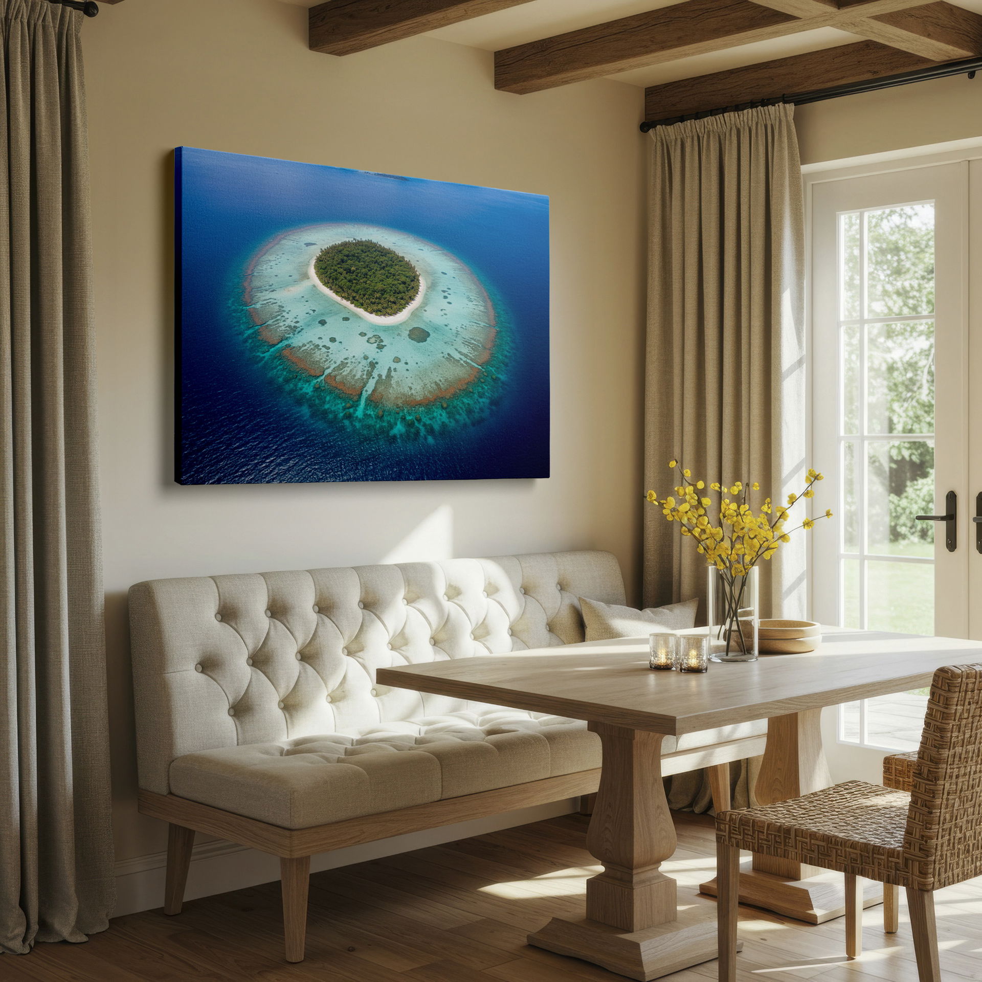 Lush tropical island nestled in turquoise waters. A captivating Wrapped Canvas for beach lovers.