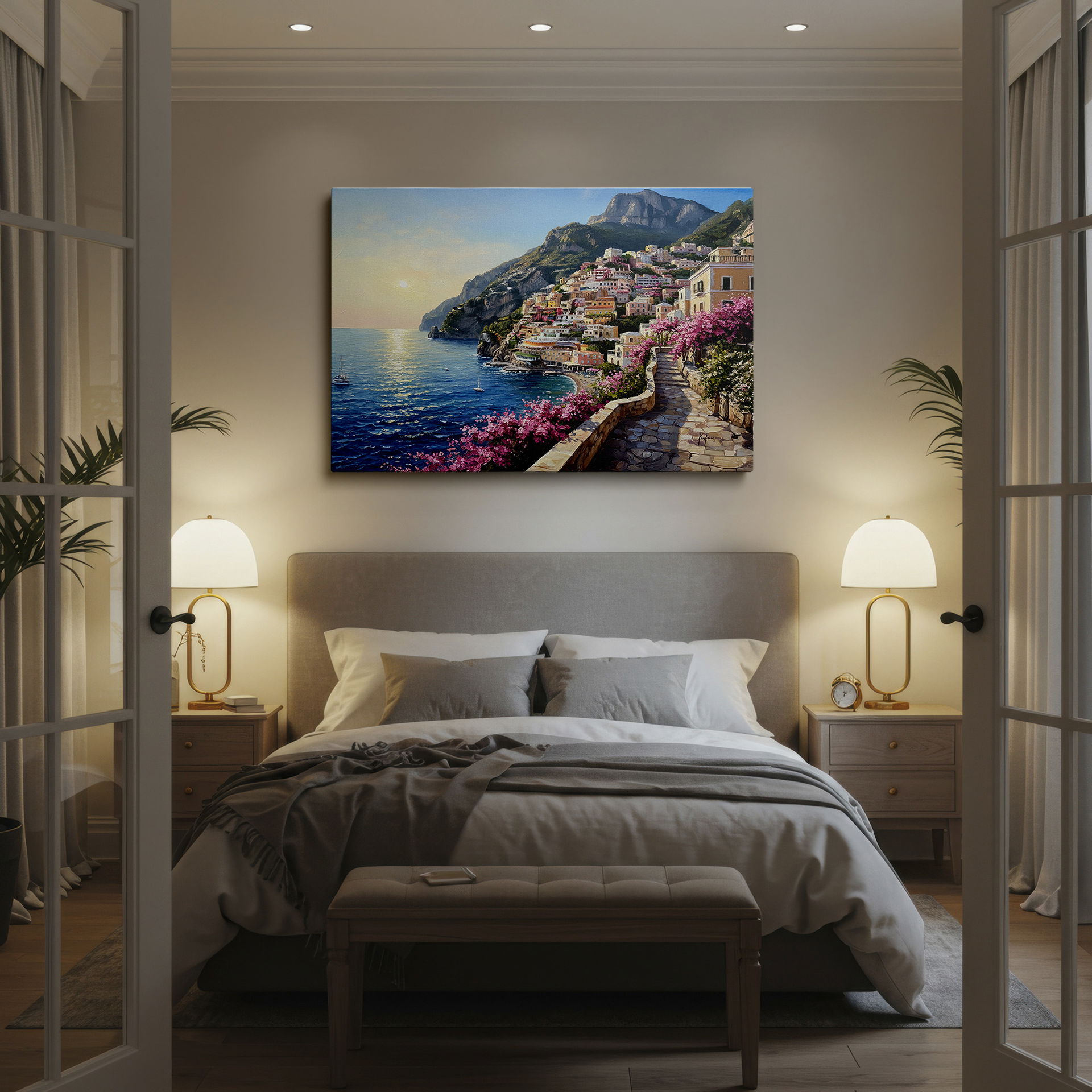 Lush flowers frame a stone pathway in this scenic wall decor print.