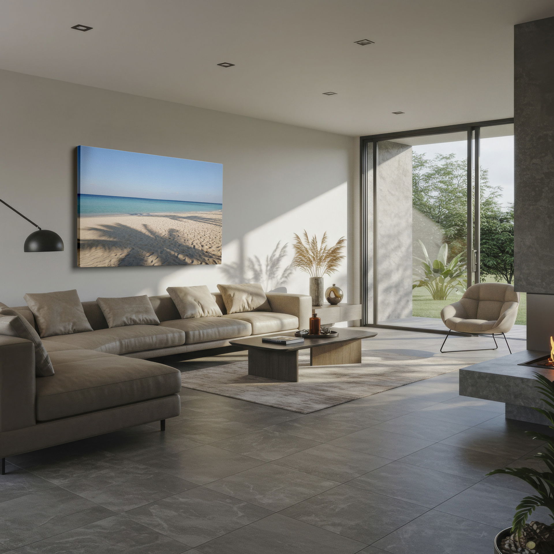 A captivating beach with crystal-clear water and palm shadows, ideal wall decor for a calming and relaxing atmosphere.