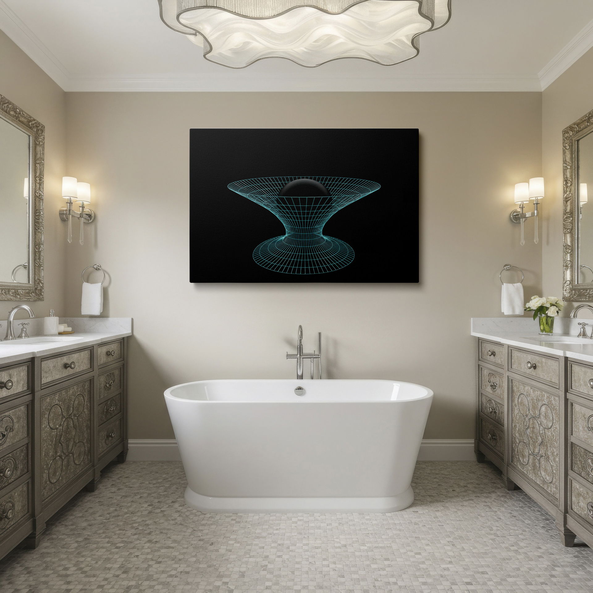 Elegant wall art: A blue wireframe cradles a black sphere in this abstract piece, enhancing any space as wall art.