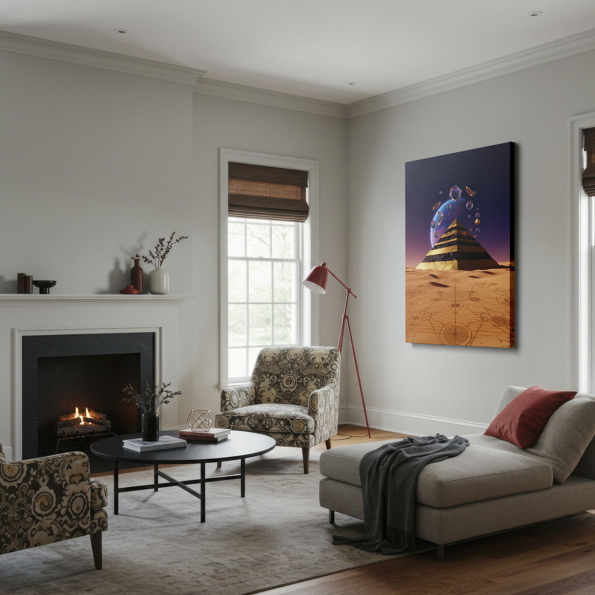 Golden pyramid wall decor in desert scene, featuring geometric shapes and a cosmic backdrop. Perfect art for home.