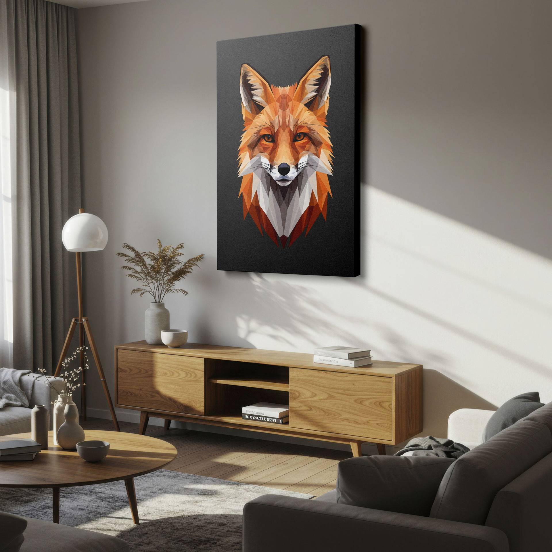 Modern geometric fox portrait adds a pop of color as unique wall decor.