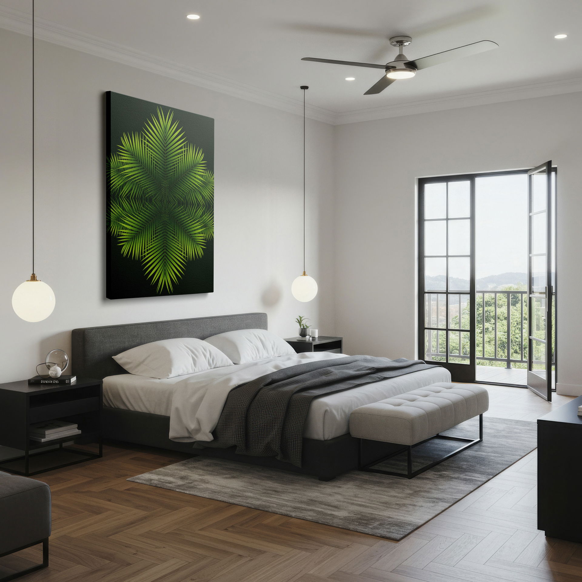 Lush green palm leaves form a striking geometric design, perfect as Wrapped Canvas wall art for a tropical vibe.