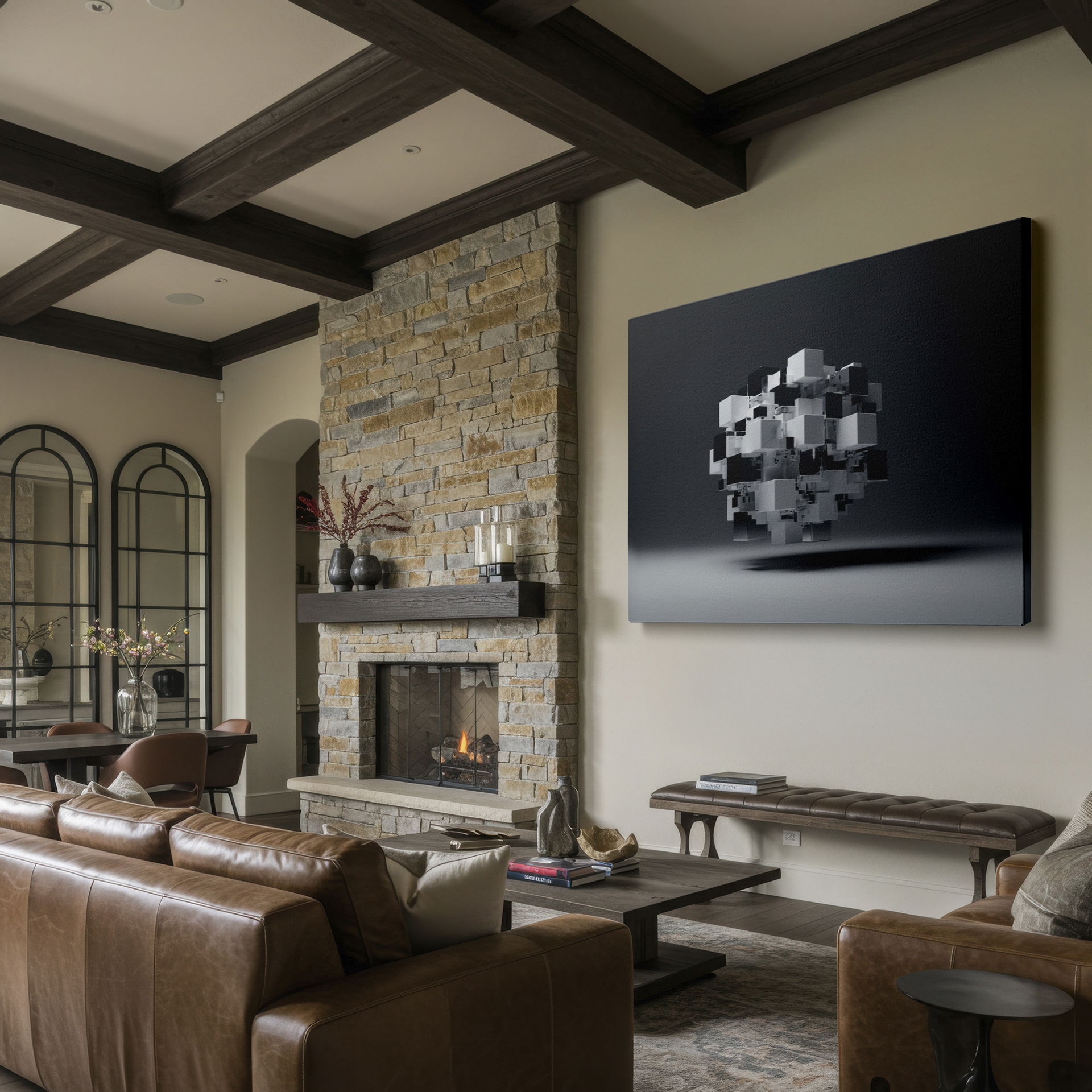 Contemporary wall decor with a dynamic arrangement of black, white, and clear cubes.