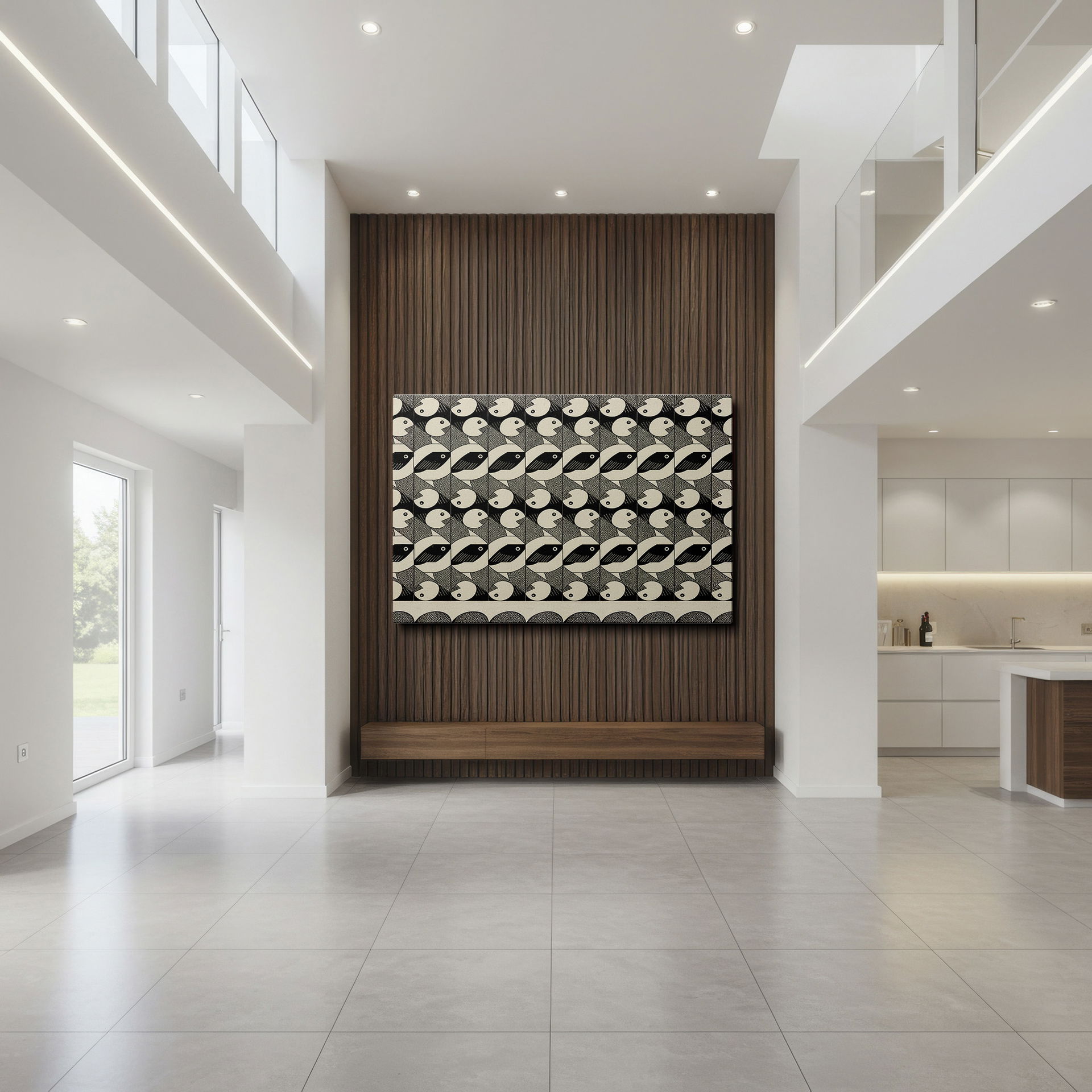 Tessellated fish form an intricate pattern on this striking piece of Wrapped Canvas art.