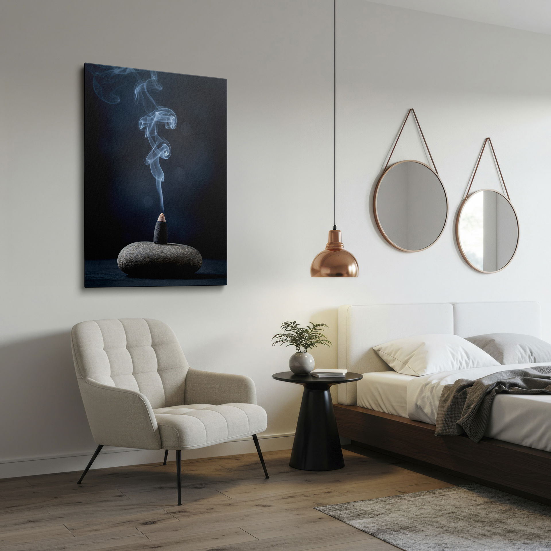 Tranquil wall decor featuring incense smoke on stone, bringing a Zen ambiance to any room in your home.
