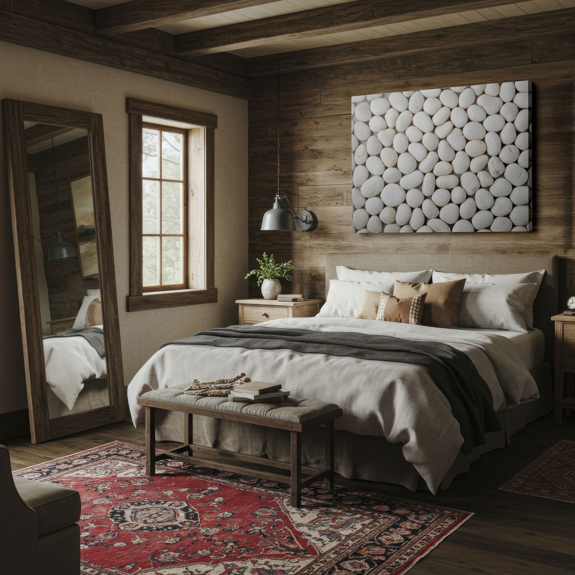 Detailed wall decor featuring smooth white pebbles, ideal for adding a serene touch to any room.