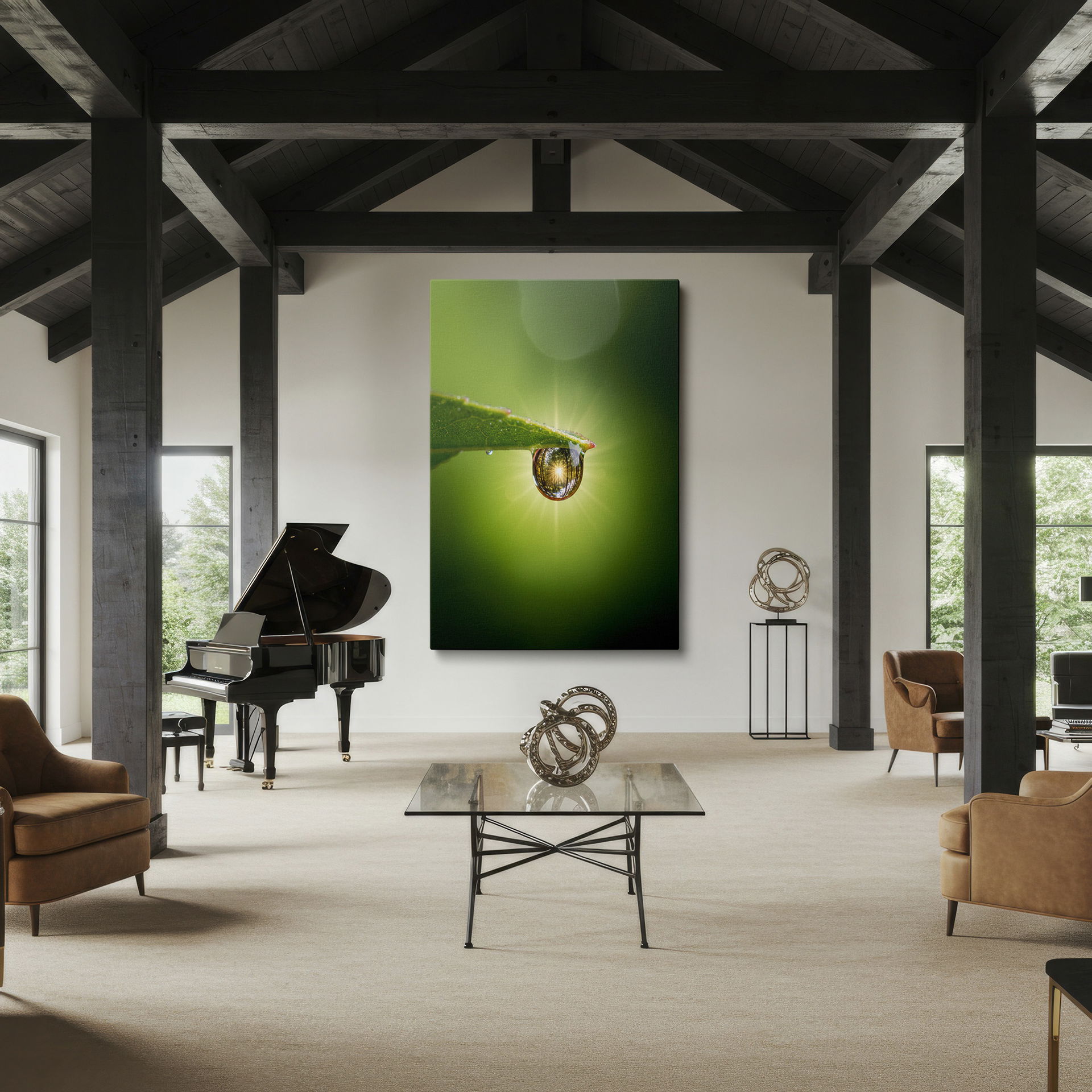 A luminous forest reflection graces a raindrop on a leaf; exquisite nature wall decor.