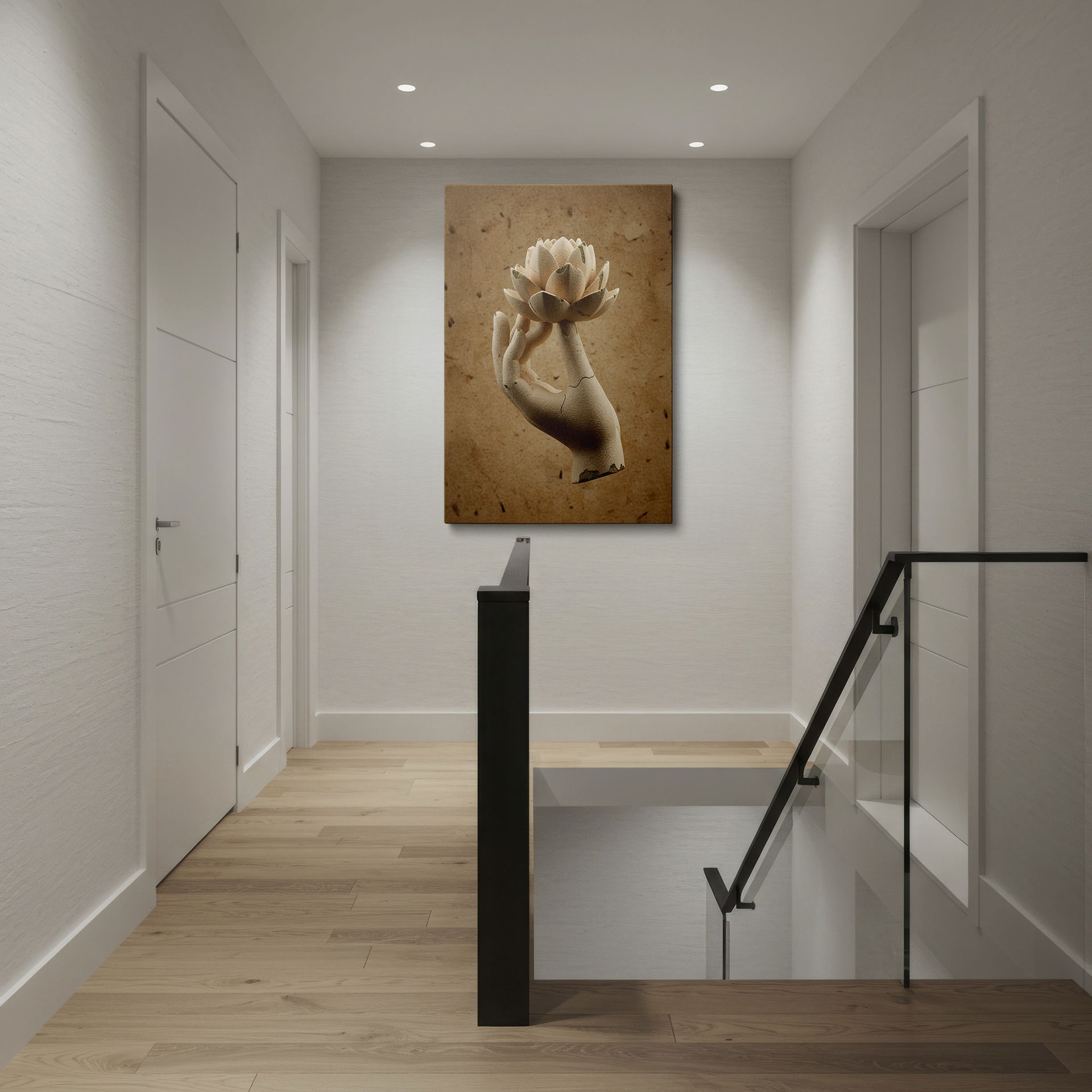 Stylized stone hand holds a lotus; serene visual for spiritual Wrapped Canvas.