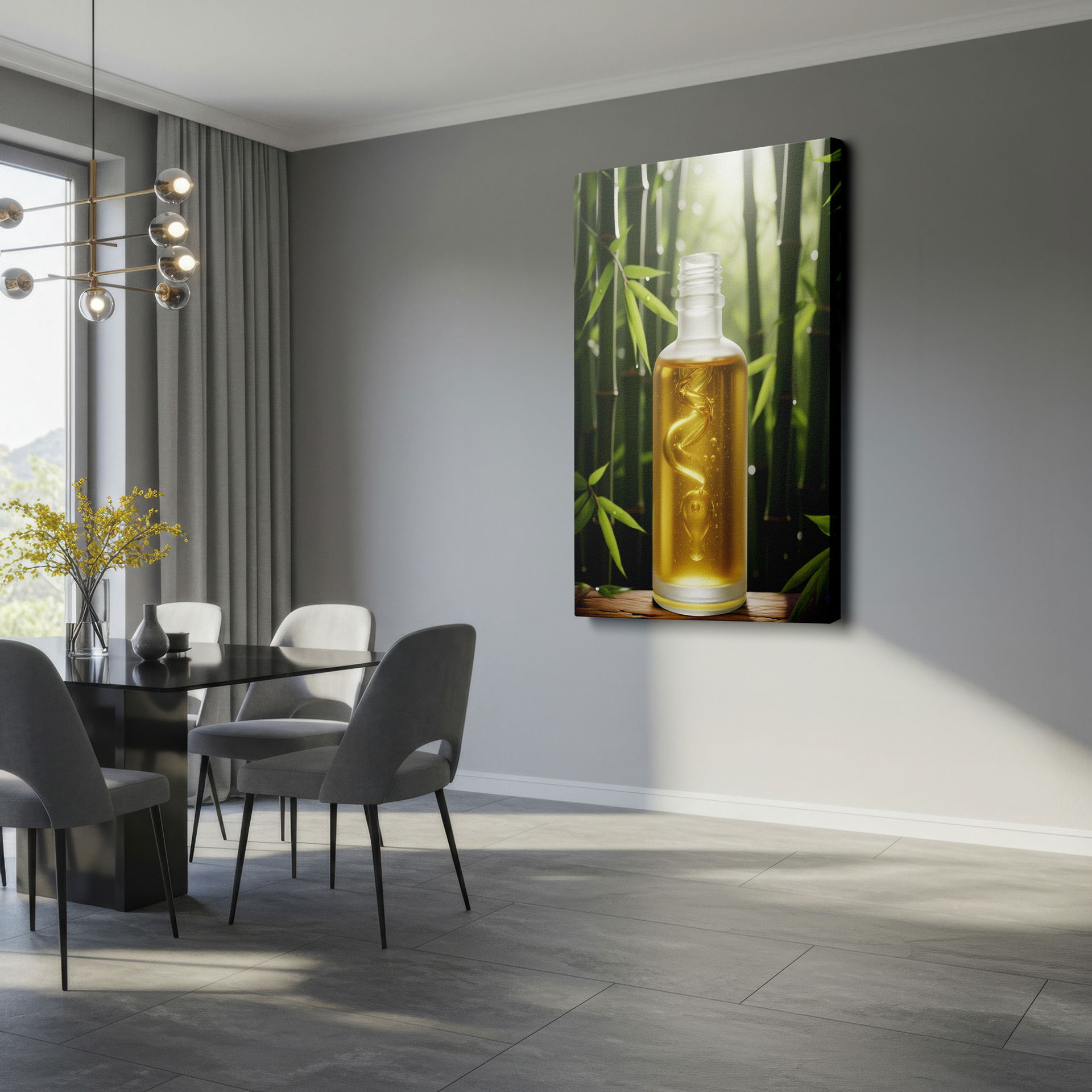 A clear bottle filled with golden oil sits amidst bamboo, a soothing image for Wrapped Canvas art.