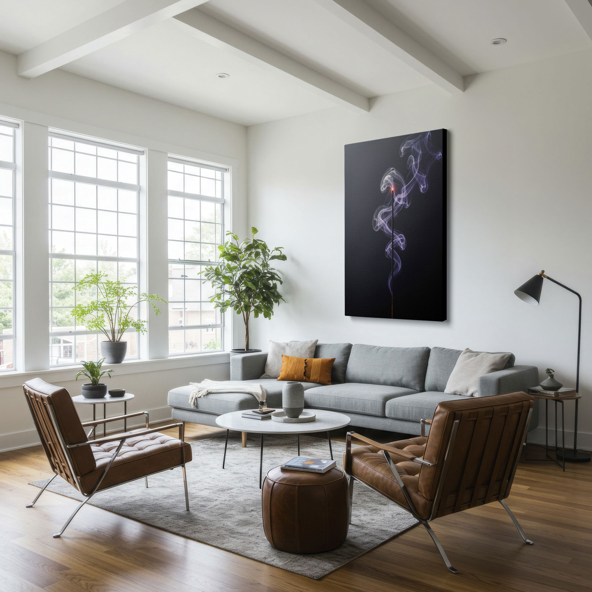 An elegant wrapped canvas showing curling incense smoke rising; perfect home decor.