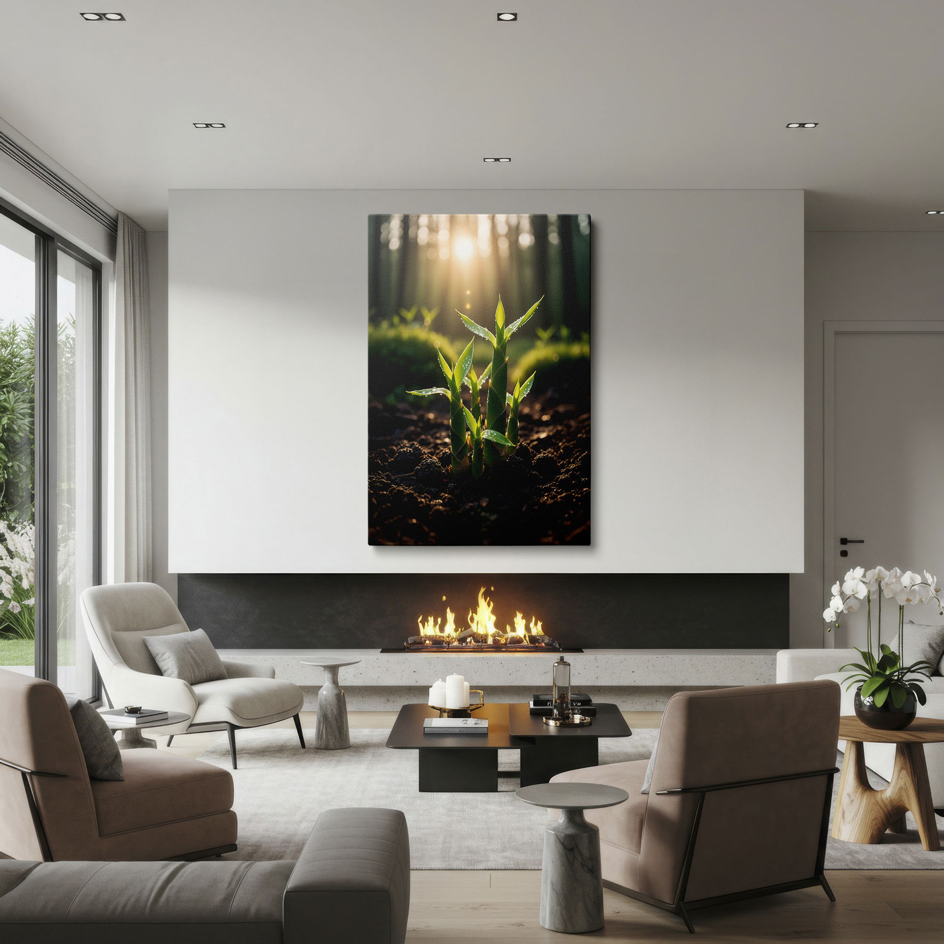 Detailed wall decor of vibrant green bamboo shoots emerging from rich soil, bathed in soft sunlight filtering through a forest canopy.