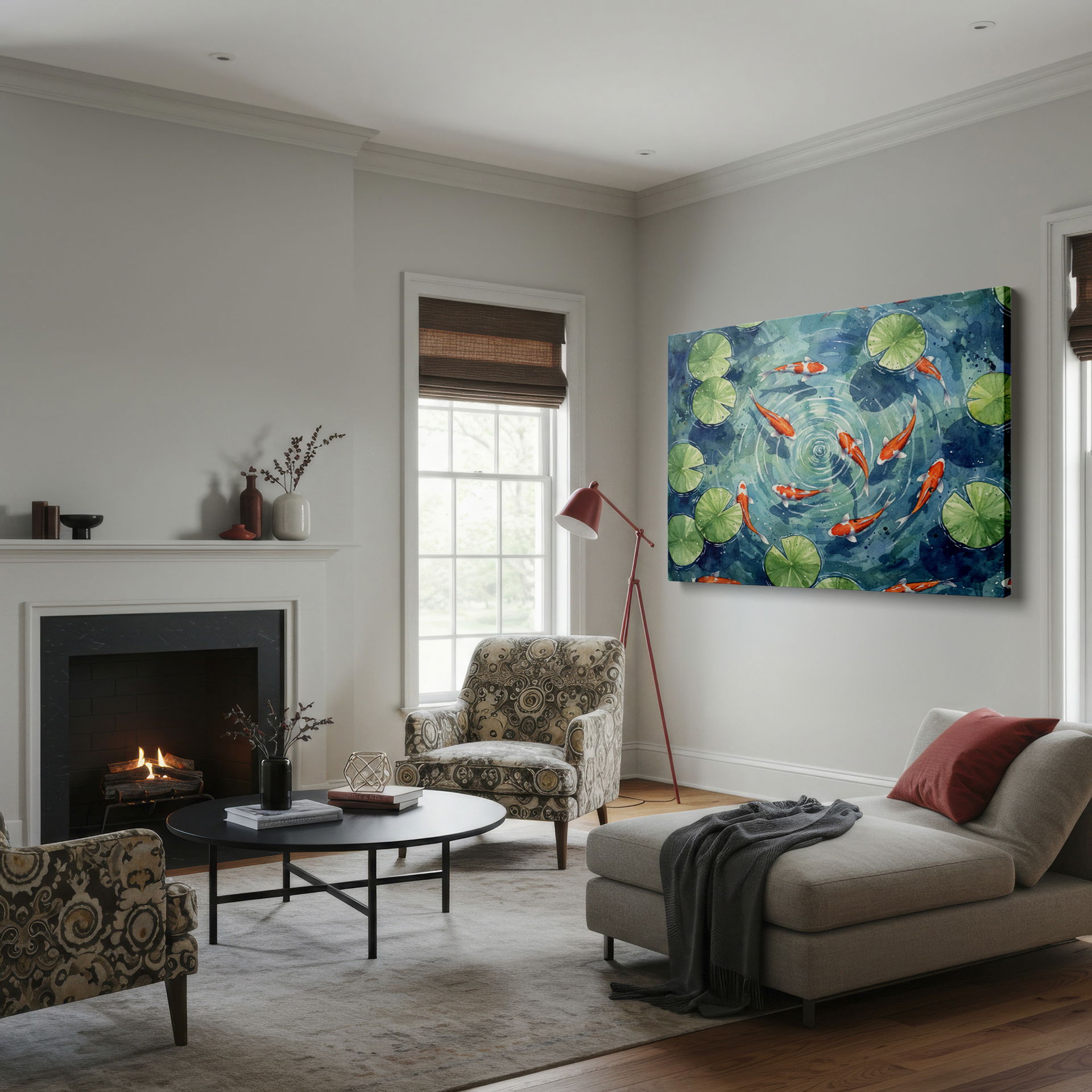 Serene koi pond scene with watercolor textures, perfect for adding calmness with this wall decor.